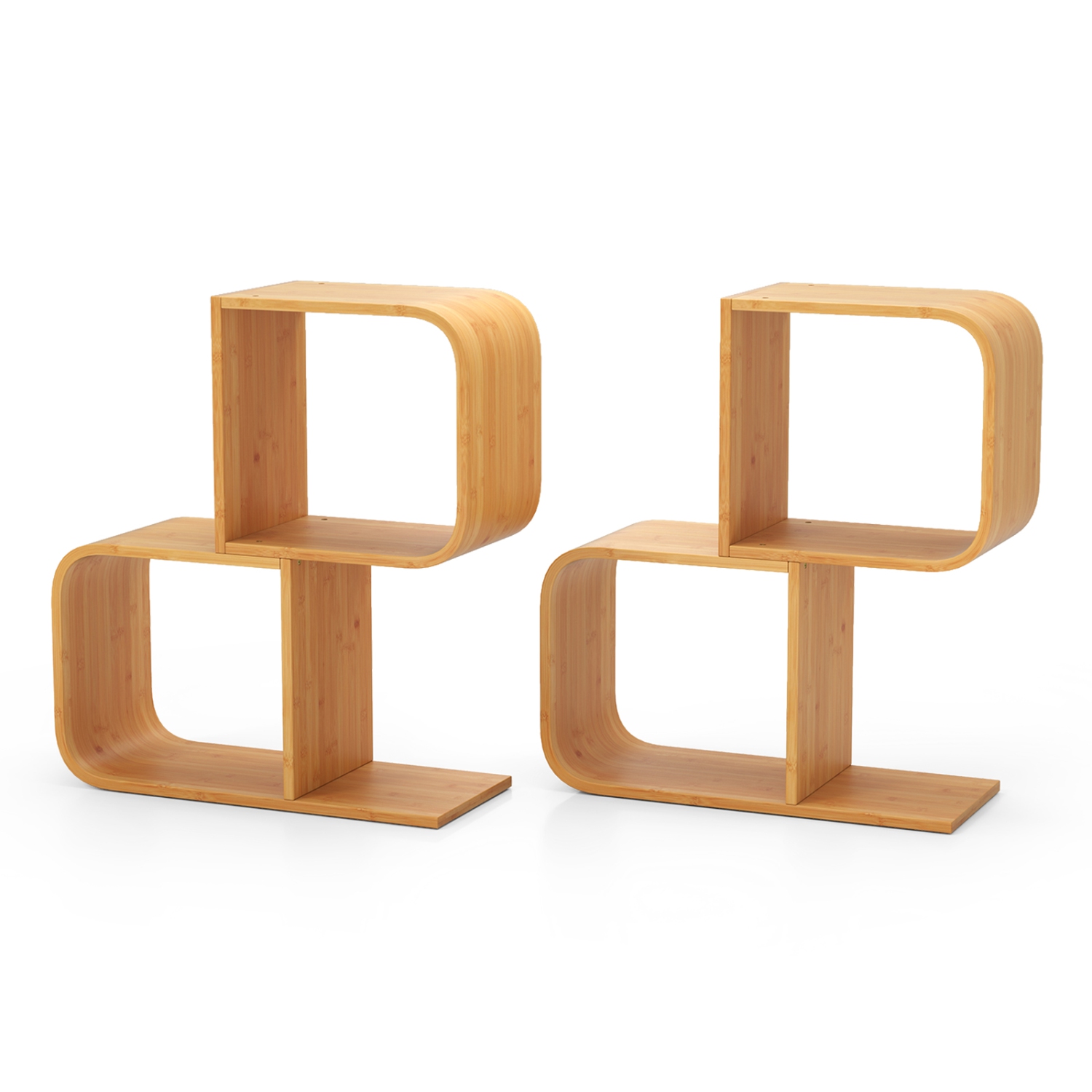 Gymax 2PCS Bamboo Geometric Bookshelf 2-Tier S-Shaped Bookcase w/ Anti-tipping Device