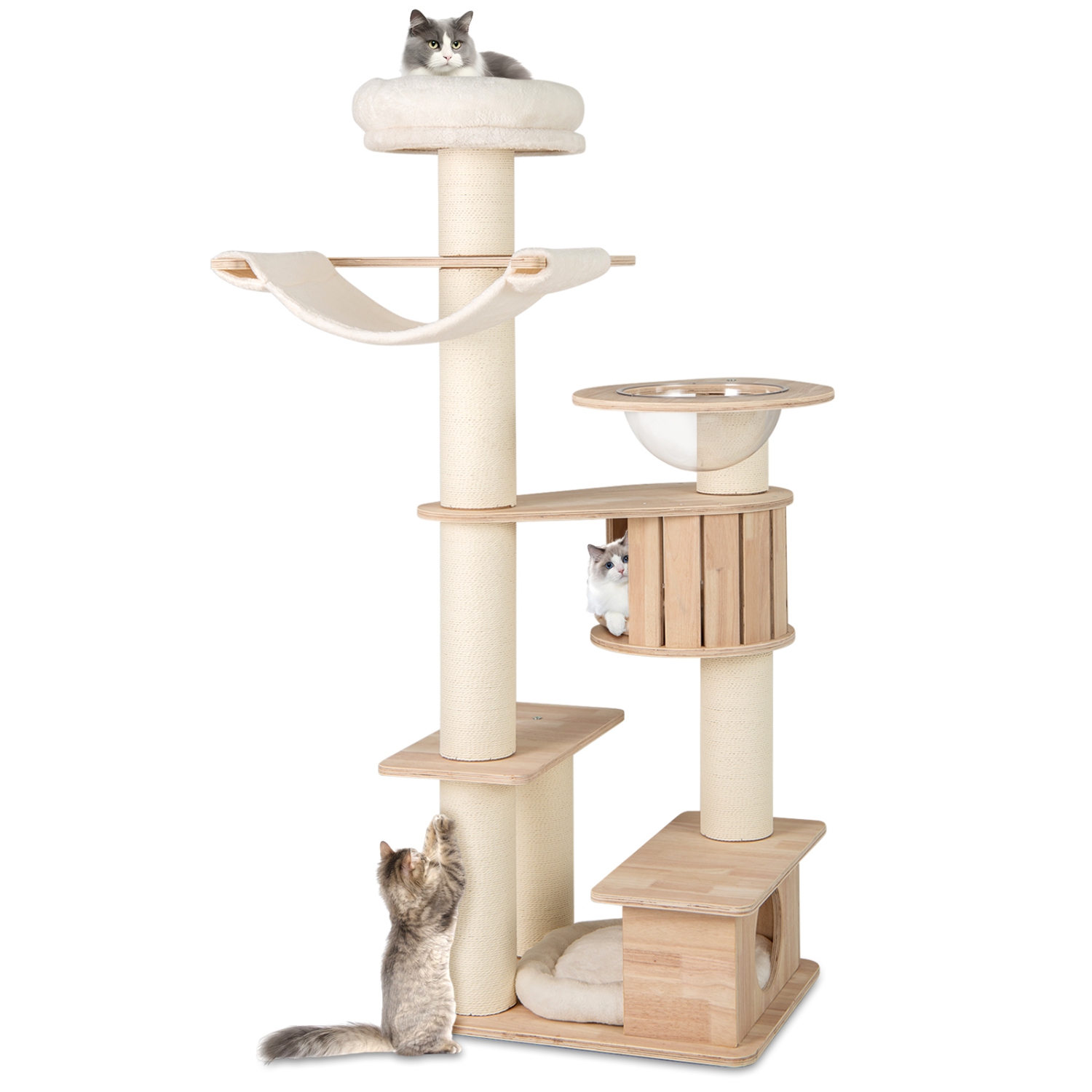 Gymax 69'' Tall Cat Tree Wooden Kitten Tower w/ 2 Condos Cozy Top Perch Space Capsule