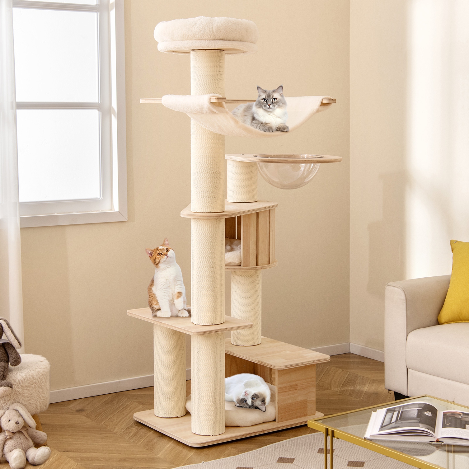 Gymax 69'' Tall Cat Tree Wooden Kitten Tower w/ 2 Condos Cozy Top Perch Space Capsule
