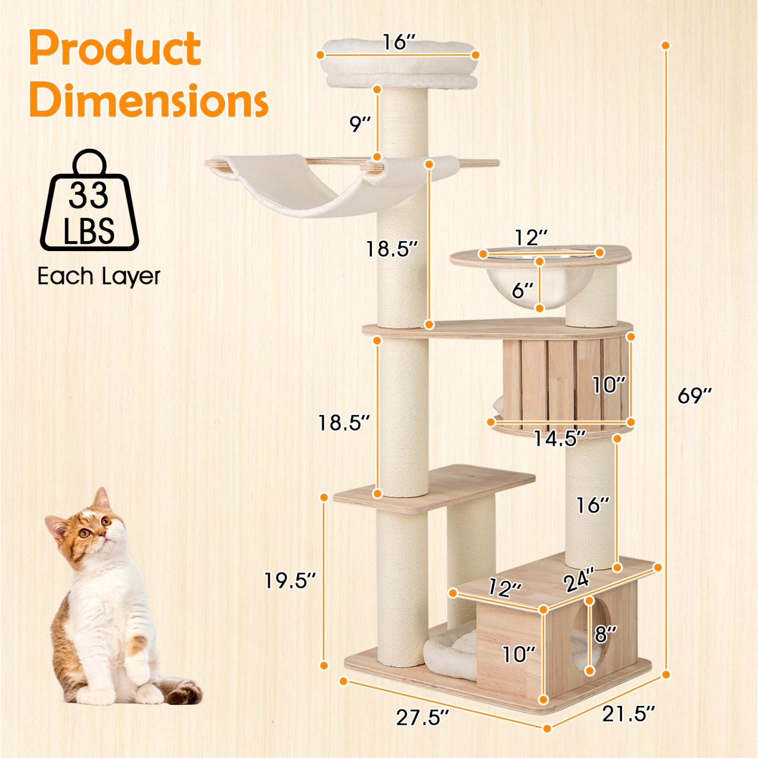 Gymax 69'' Tall Cat Tree Wooden Kitten Tower w/ 2 Condos Cozy Top Perch Space Capsule