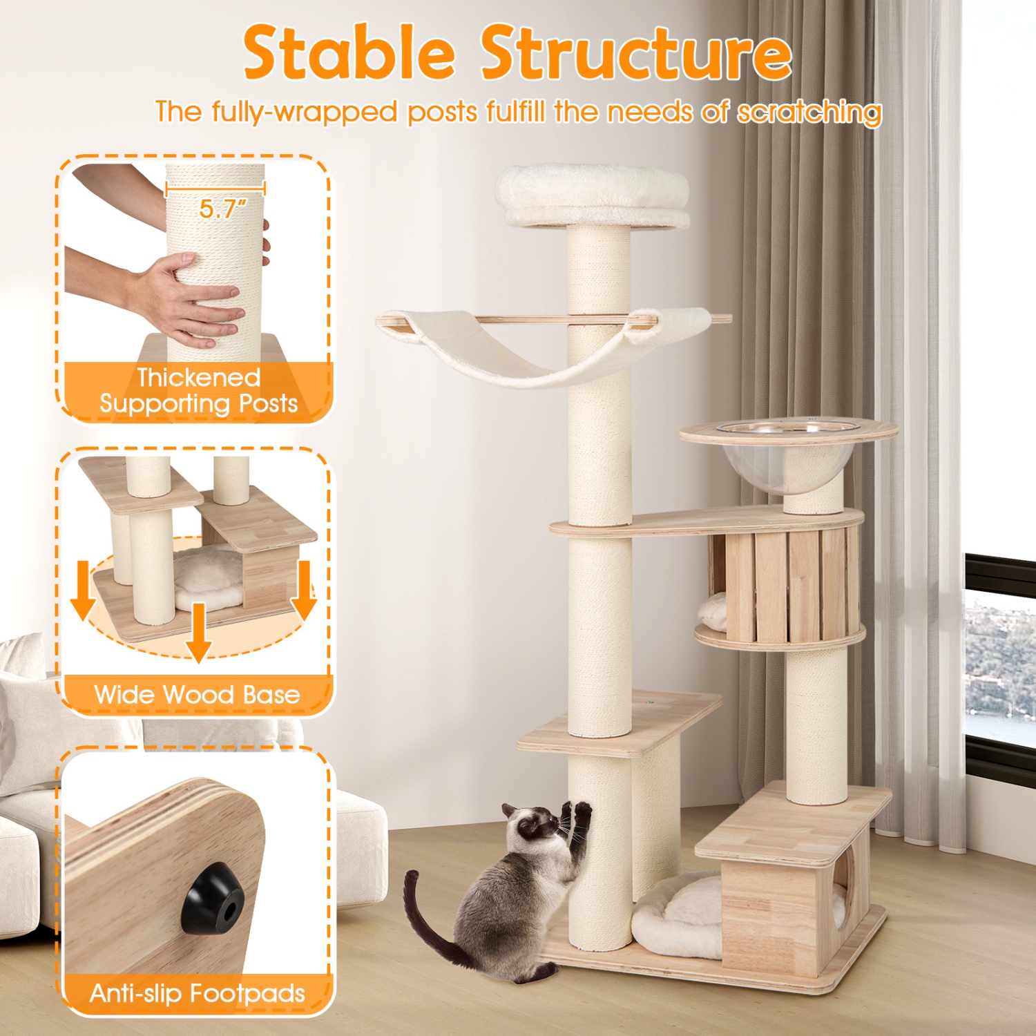 Gymax 69'' Tall Cat Tree Wooden Kitten Tower w/ 2 Condos Cozy Top Perch Space Capsule