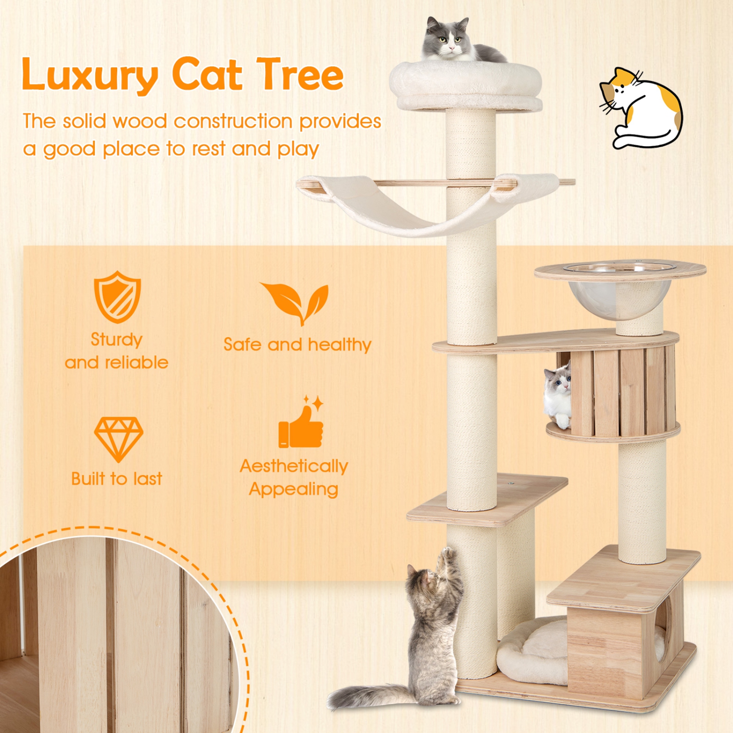 Gymax 69'' Tall Cat Tree Wooden Kitten Tower w/ 2 Condos Cozy Top Perch Space Capsule