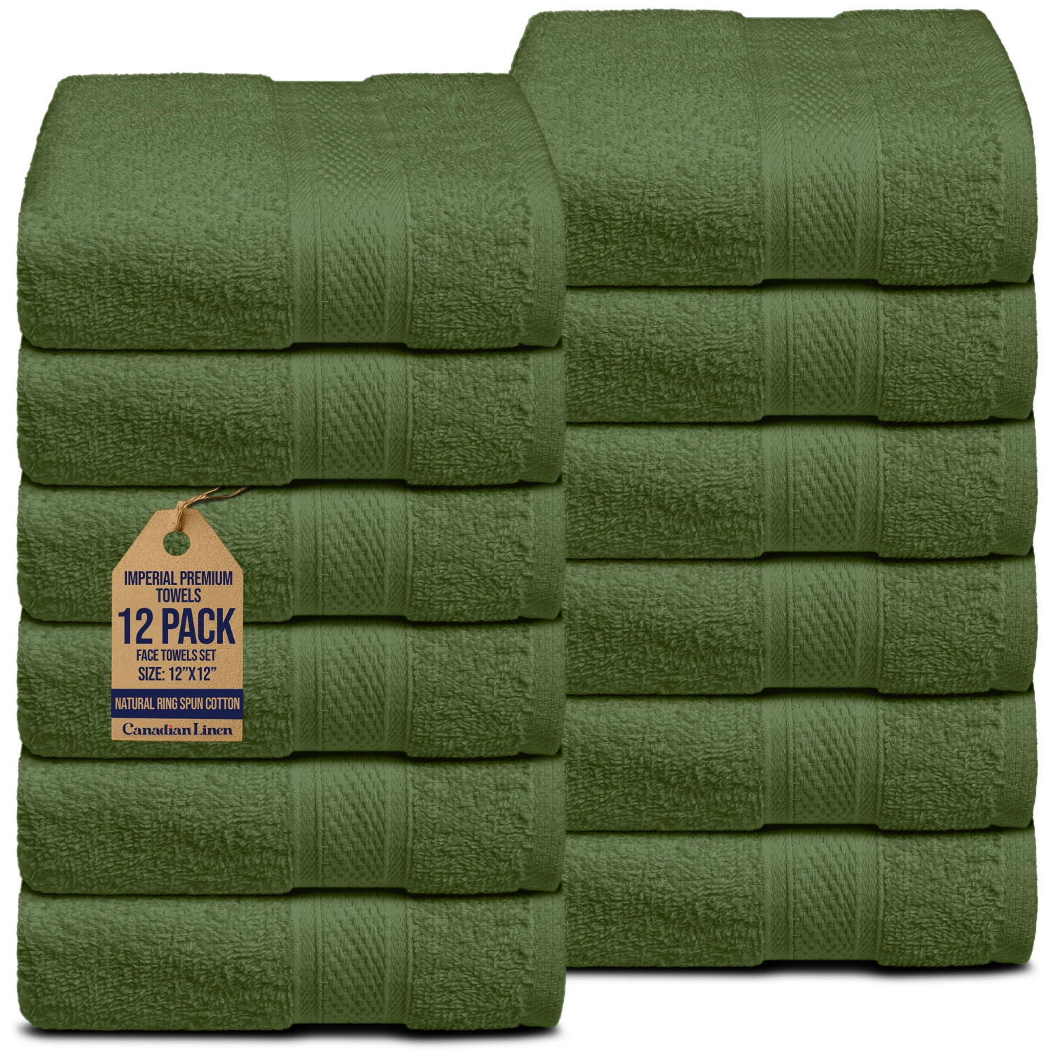 Canadian Linen Washcloths, 12 Pack 12”x12”, Lightweight Quick Dry Cotton Soft Absorbent Wash Cloth for Home, Hair Spa, Kitchen, Motel, Gym, Olive