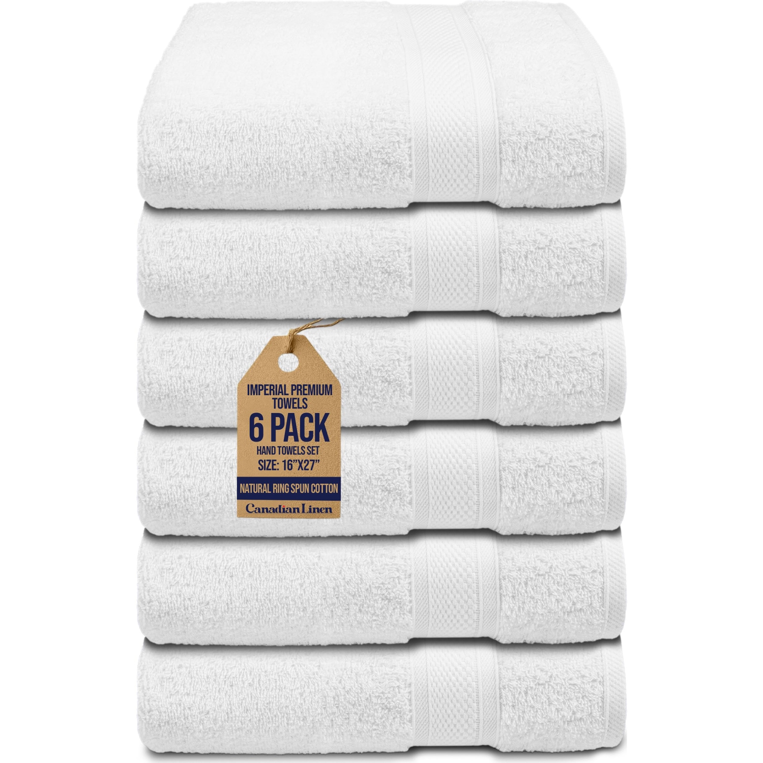 Canadian Linen Imperial Hand Towels, 6 Pack, 16”x27”, Soft Absorbent Cotton Lightweight Quick Dry Towel for Home, Massage Salon Spa, Gym, Sport, White