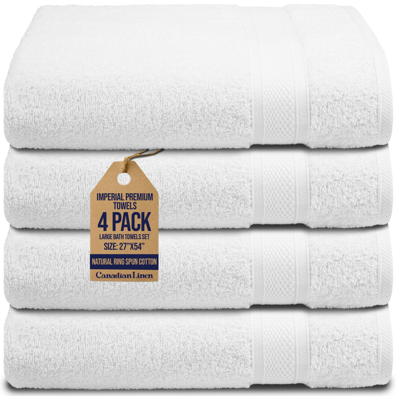 Canadian Linen Imperial Large Bath Towels Set, 27”x54”, 4 Pack, Lightweight Quick Dry Soft Absorbent Cotton Wrap Towel for Home, Hotels, Salons, White