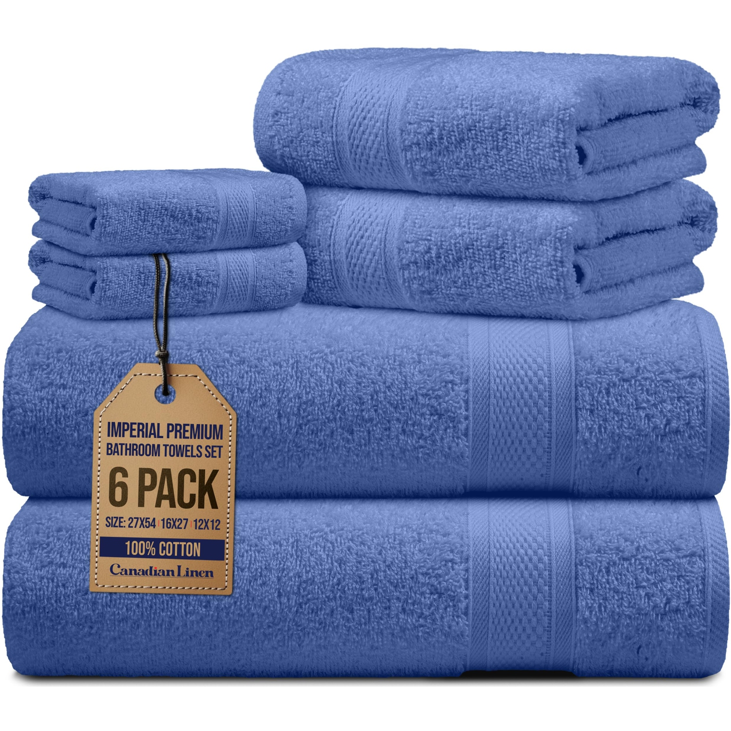 Canadian Linen Imperial Towels, Pack of 6 Lightweight Soft Absorbent Cotton Quick Dry Towel for Bathroom, Spa, Light Blue