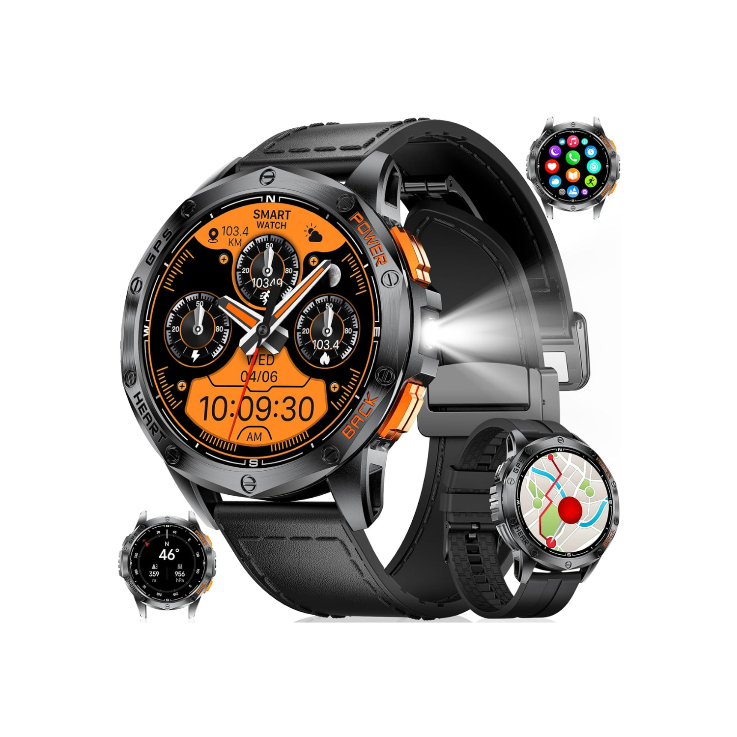 Military Smart Watch for Men, with GPS, Compass, Altitude, Air Pressure, LED Flashlight, 10ATM Waterproof, 530mAh, 100+ Sport Modes Fitness Tracker,