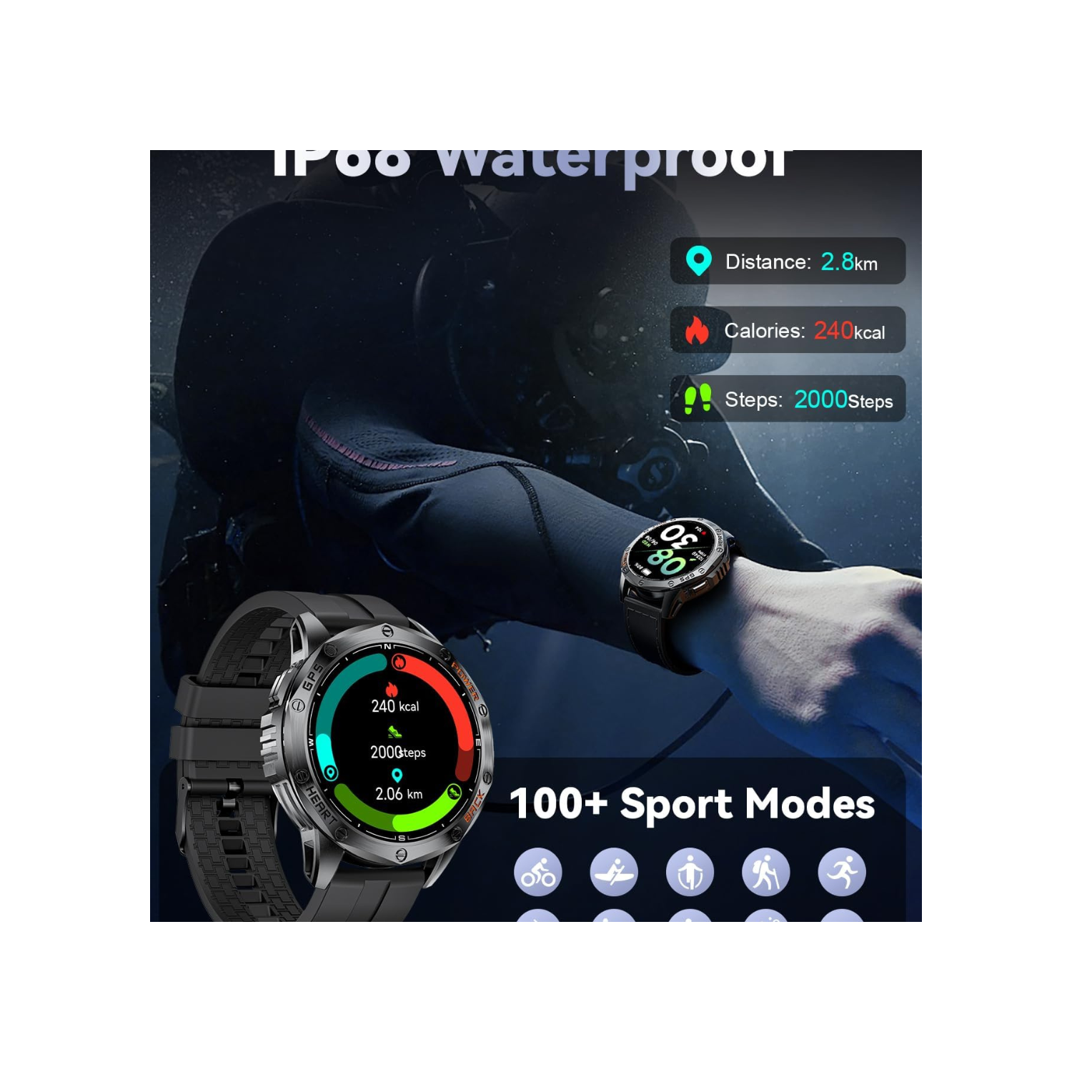 Military Smart Watch for Men, with GPS, Compass, Altitude, Air Pressure, LED Flashlight, 10ATM Waterproof, 530mAh, 100+ Sport Modes Fitness Tracker,