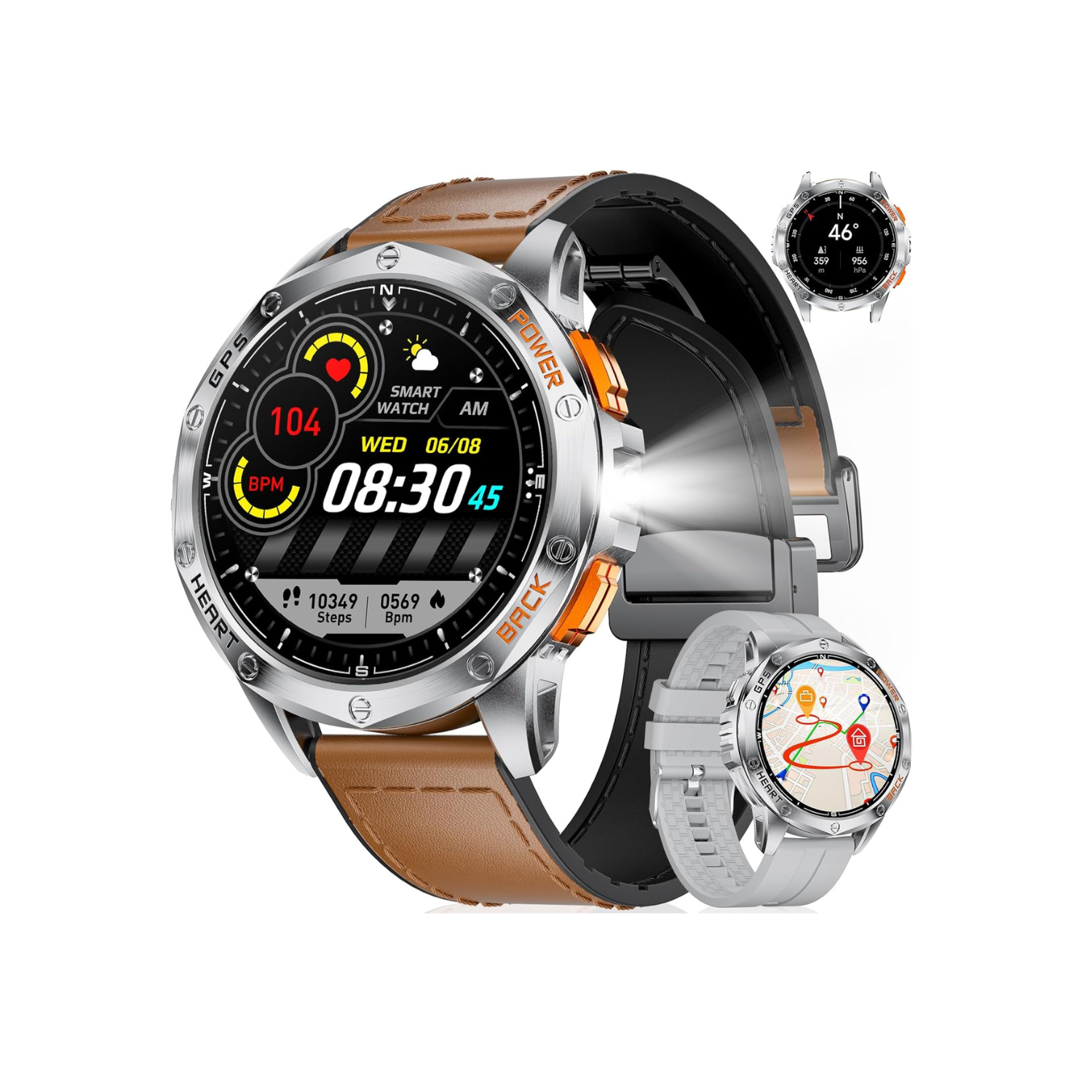 Military Smart Watch for Men, with GPS, Compass, Altitude, Air Pressure, LED Flashlight, 10ATM Waterproof, 530mAh, 100+ Sport Modes Fitness Tracker,