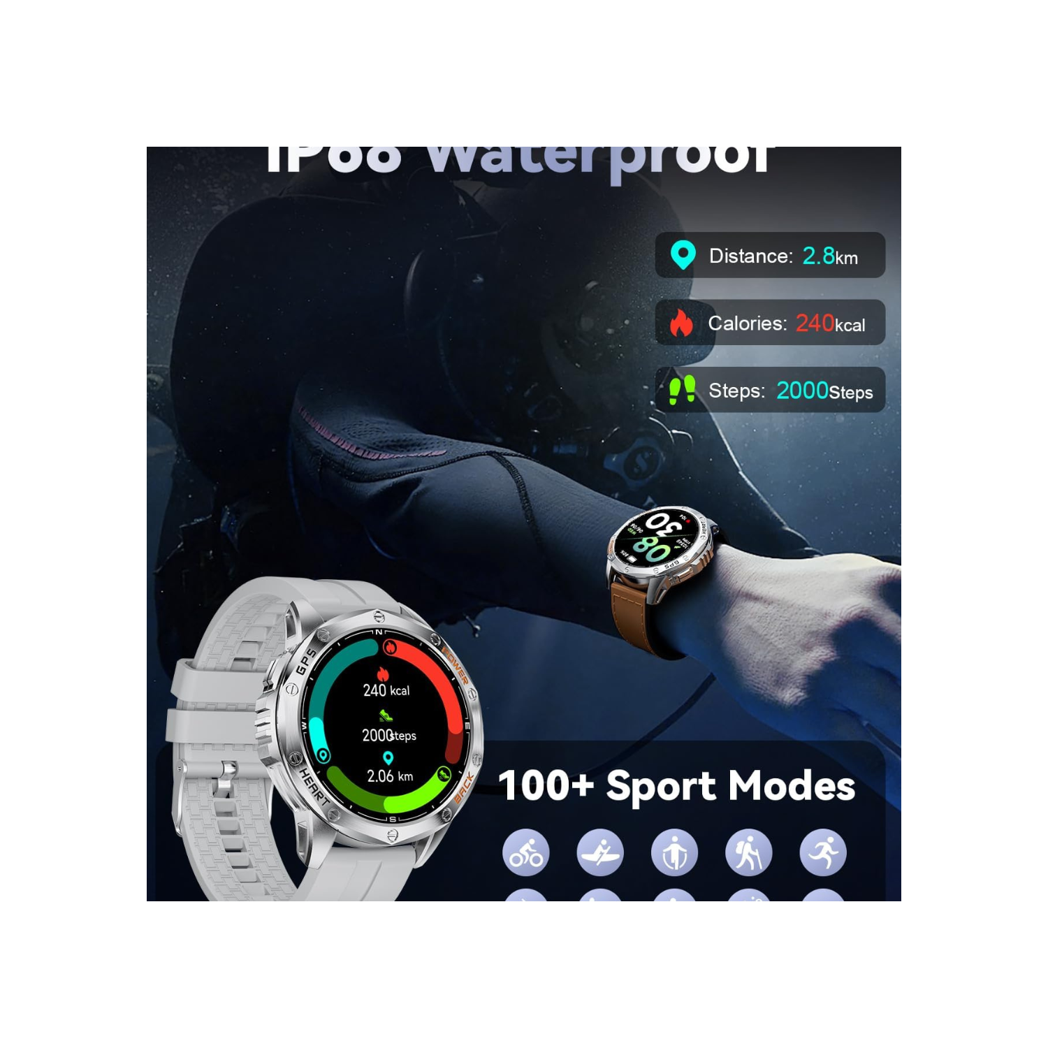 Military Smart Watch for Men, with GPS, Compass, Altitude, Air Pressure, LED Flashlight, 10ATM Waterproof, 530mAh, 100+ Sport Modes Fitness Tracker,