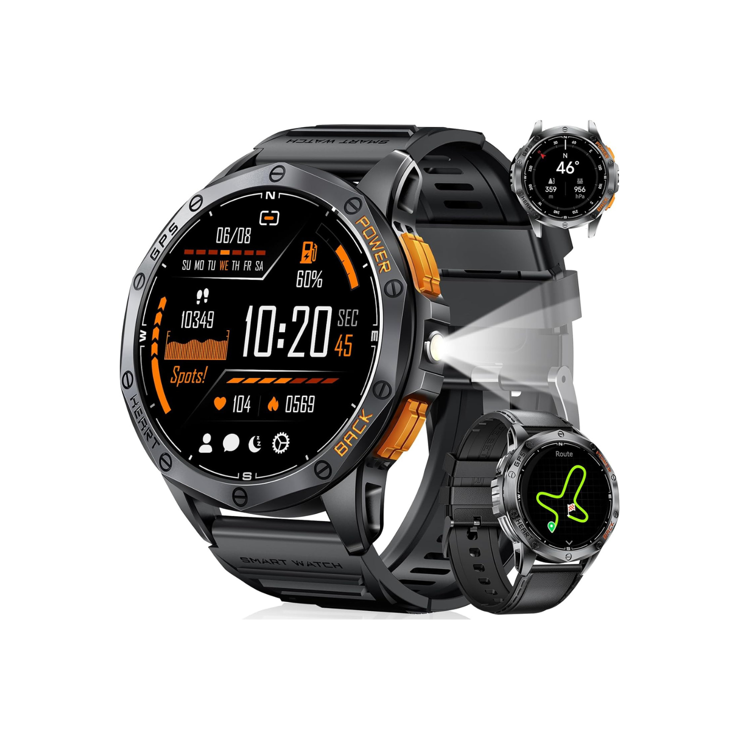 Military Smart Watch for Men, with GPS, Compass, Altitude, Air Pressure, LED Flashlight, 10ATM Waterproof, 530mAh, 100+ Sport Modes Fitness Tracker,