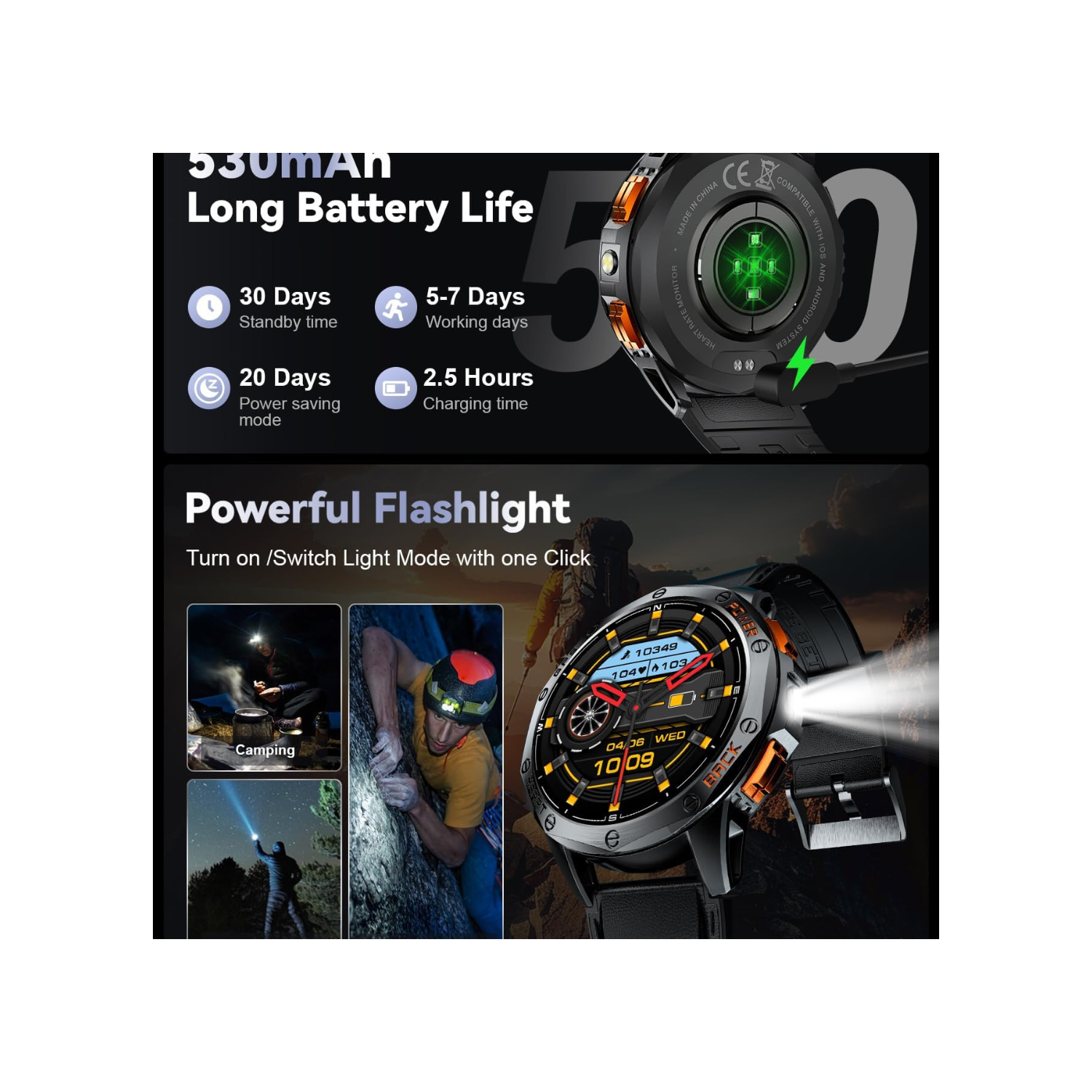 Military Smart Watch for Men, with GPS, Compass, Altitude, Air Pressure, LED Flashlight, 10ATM Waterproof, 530mAh, 100+ Sport Modes Fitness Tracker,