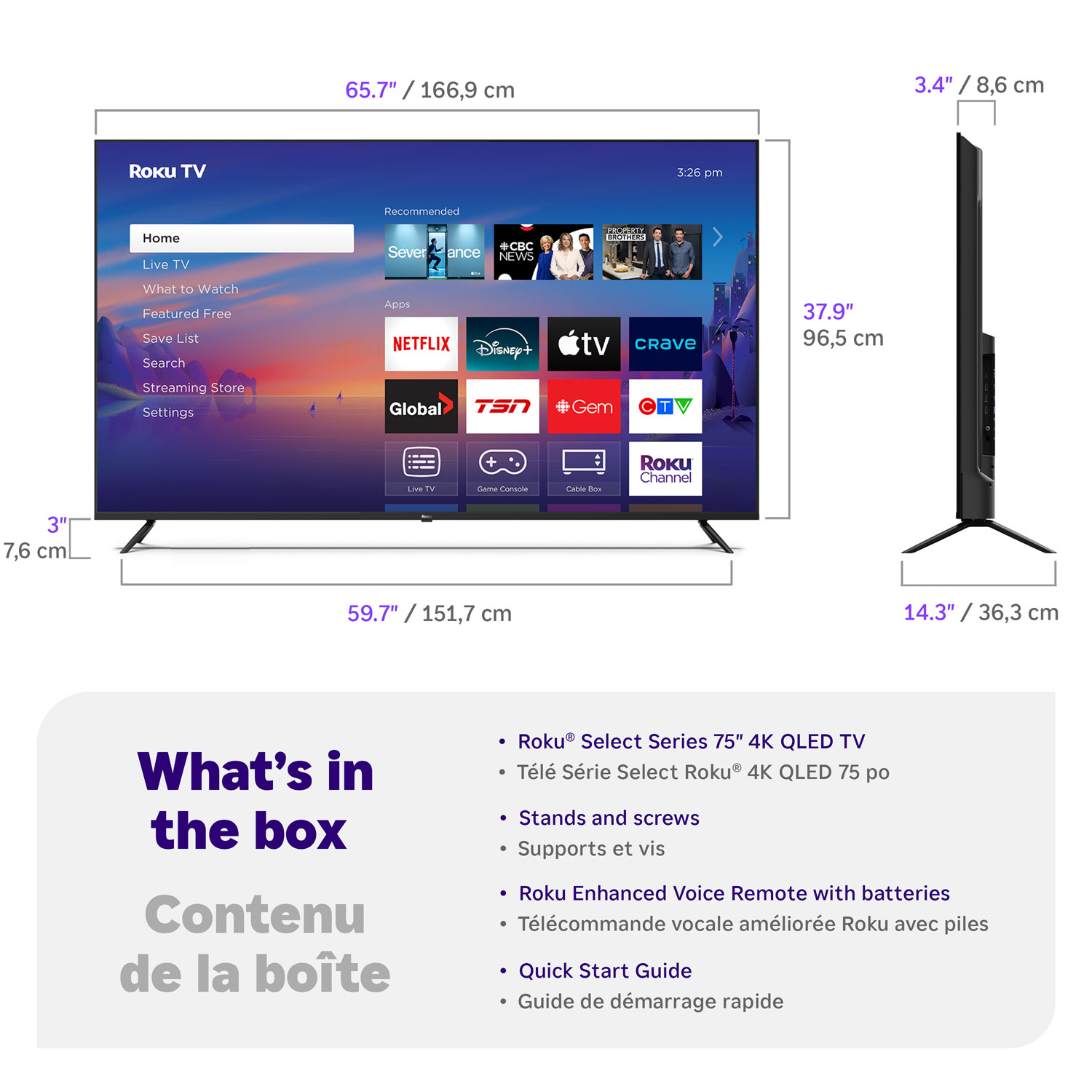 Téléviseur intelligent Roku QLED HDR UHD 4K de 75 po Select Series de Roku - 2025 - Exclusivité Best Buy
