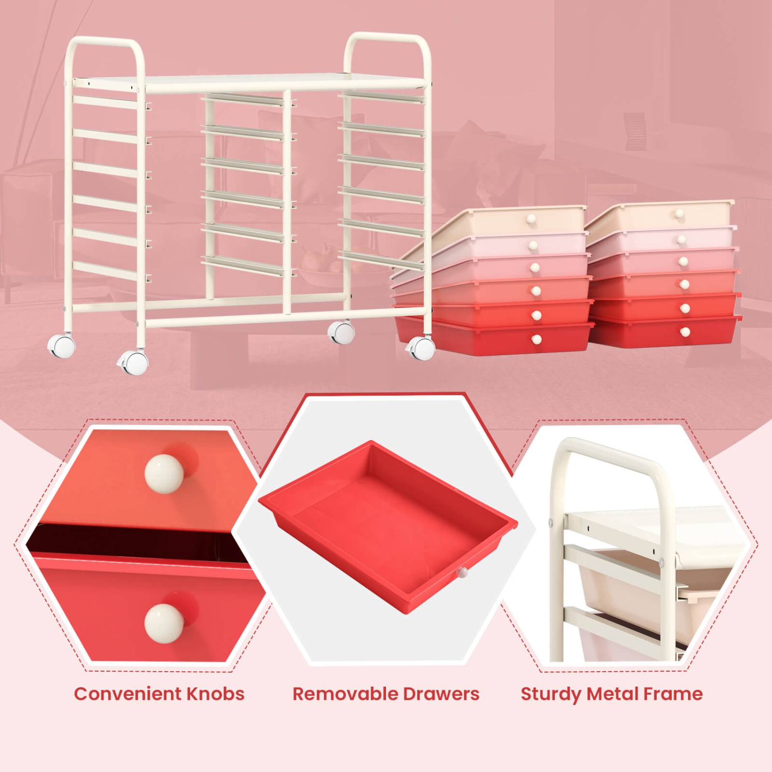 Costway 12 Drawers Rolling Cart Storage Scrapbook Paper Studio Organizer Bins Macaron/White/Light Pink/Purple/Pink/Clear/Gray/Rainbow/Multicolor/Hot