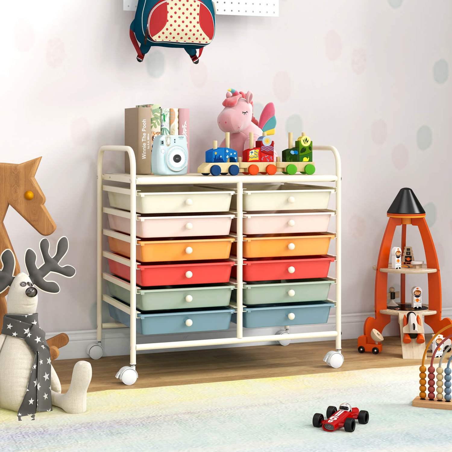 Costway 12 Drawers Rolling Cart Storage Scrapbook Paper Studio Organizer Bins Macaron/White/Light Pink/Purple/Pink/Clear/Gray/Rainbow/Multicolor/Hot