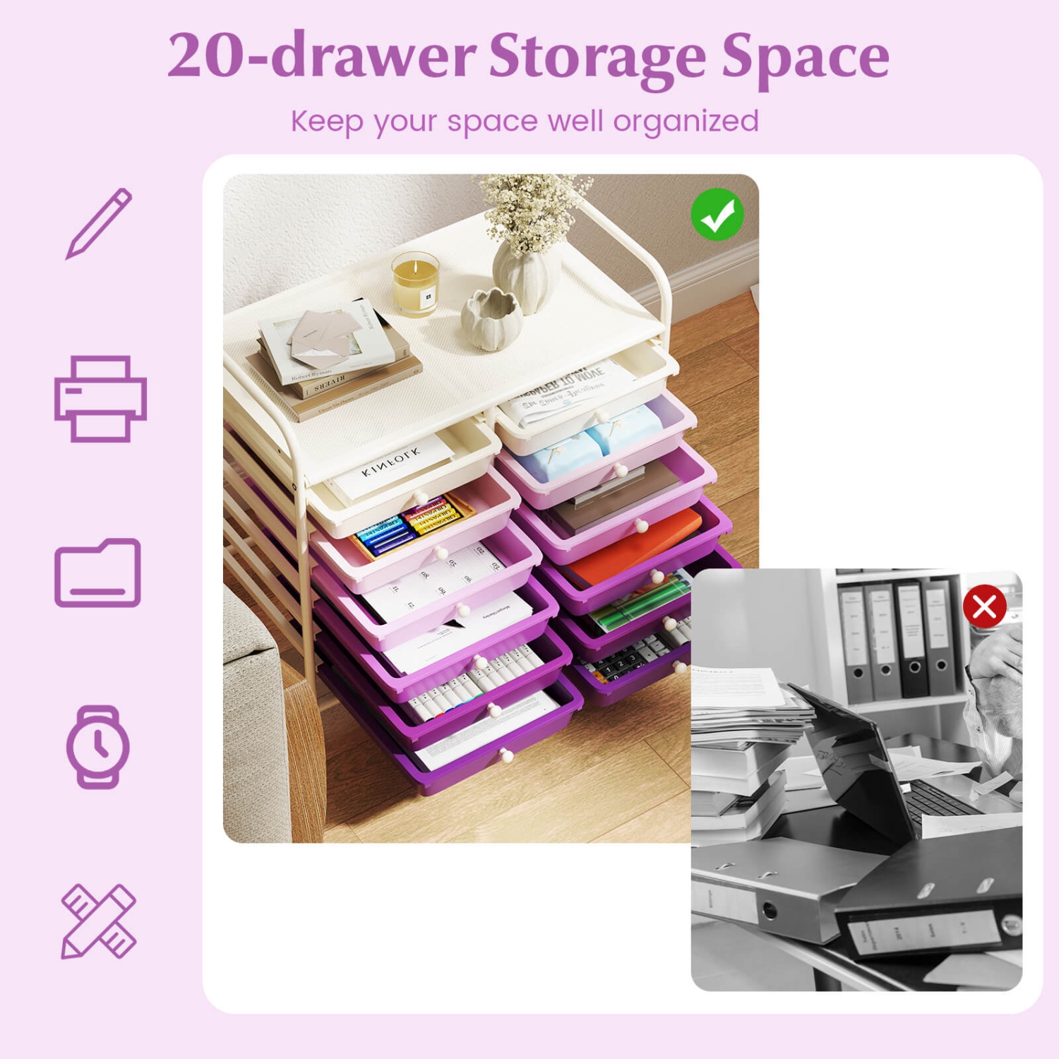 Costway 12 Drawers Rolling Cart Storage Scrapbook Paper Studio Organizer Bins Macaron/White/Light Pink/Purple/Pink/Clear/Gray/Rainbow/Multicolor/Hot