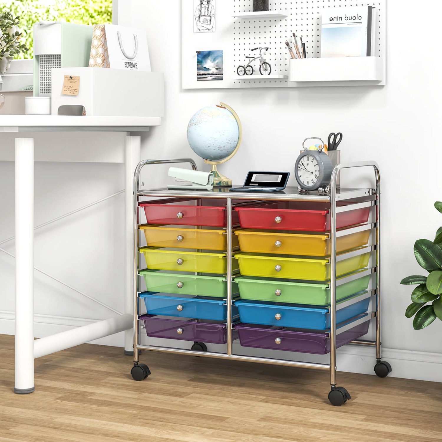 Costway 12 Drawers Rolling Cart Storage Scrapbook Paper Studio Organizer Bins Macaron/White/Light Pink/Purple/Pink/Clear/Gray/Rainbow/Multicolor/Hot
