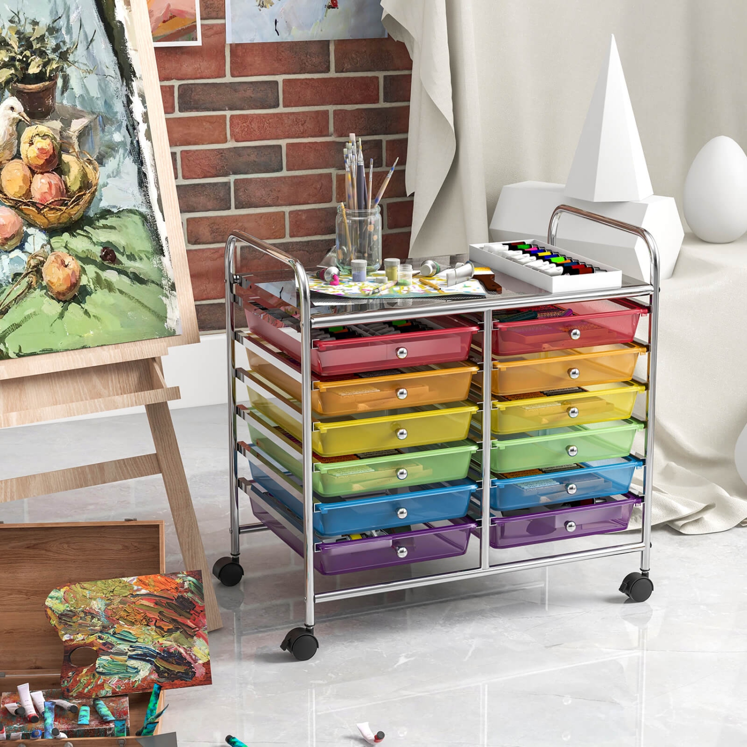 Costway 12 Drawers Rolling Cart Storage Scrapbook Paper Studio Organizer Bins Macaron/White/Light Pink/Purple/Pink/Clear/Gray/Rainbow/Multicolor/Hot
