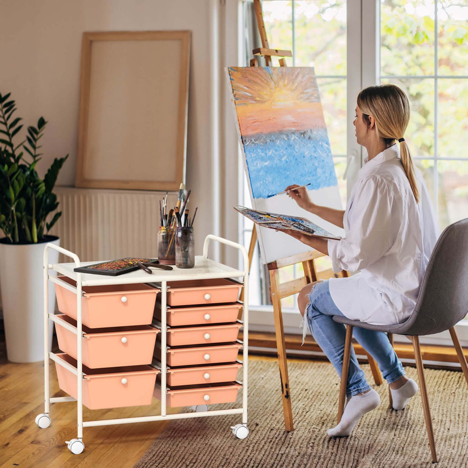 Costway 9 Drawer Rolling Organizer Cart Utility Storage Tools Scrapbook Paper Multi-Use Macaron/White/Hot Pink/Light Pink/Clear/Black