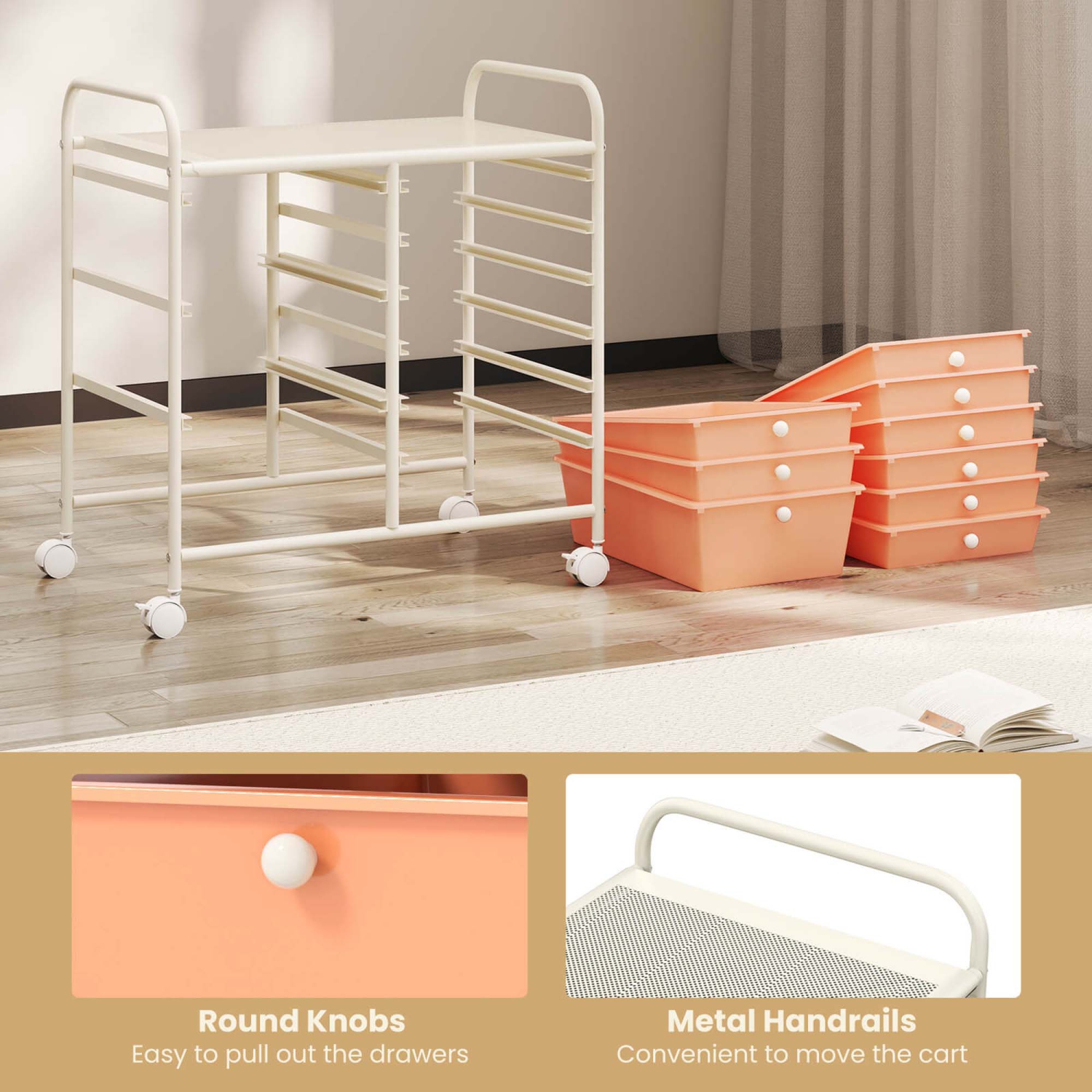 Costway 9 Drawer Rolling Organizer Cart Utility Storage Tools Scrapbook Paper Multi-Use Macaron/White/Hot Pink/Light Pink/Clear/Black
