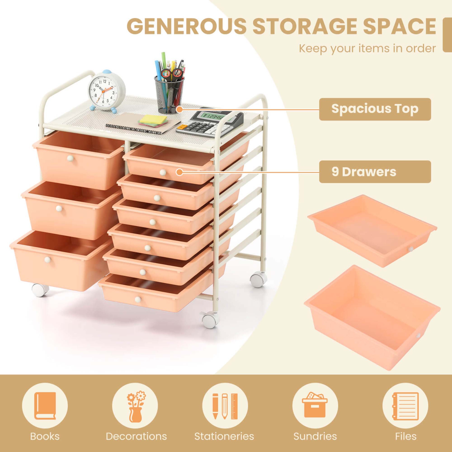 Costway 9 Drawer Rolling Organizer Cart Utility Storage Tools Scrapbook Paper Multi-Use Macaron/White/Hot Pink/Light Pink/Clear/Black