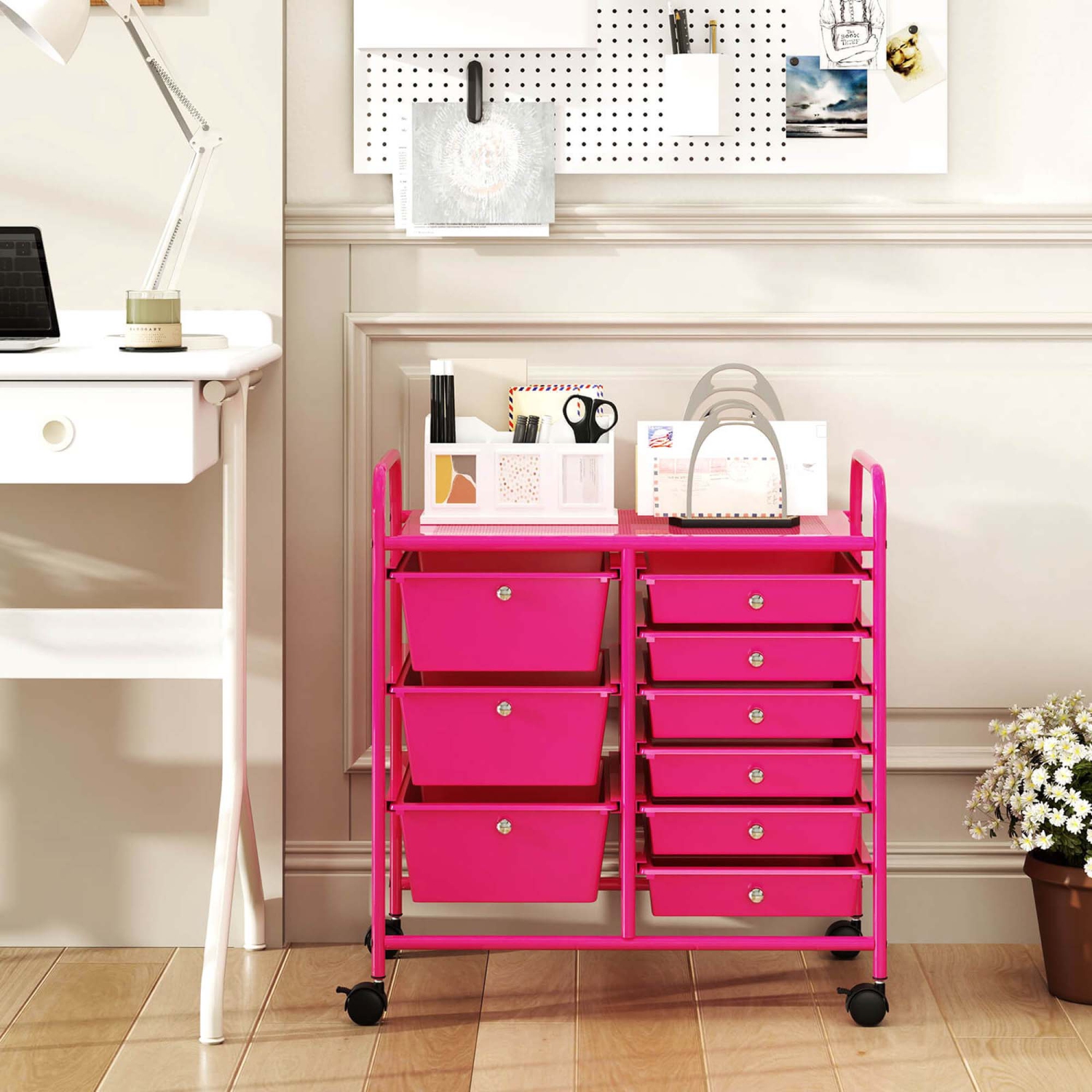 Costway 9 Drawer Rolling Organizer Cart Utility Storage Tools Scrapbook Paper Multi-Use Macaron/White/Hot Pink/Light Pink/Clear/Black