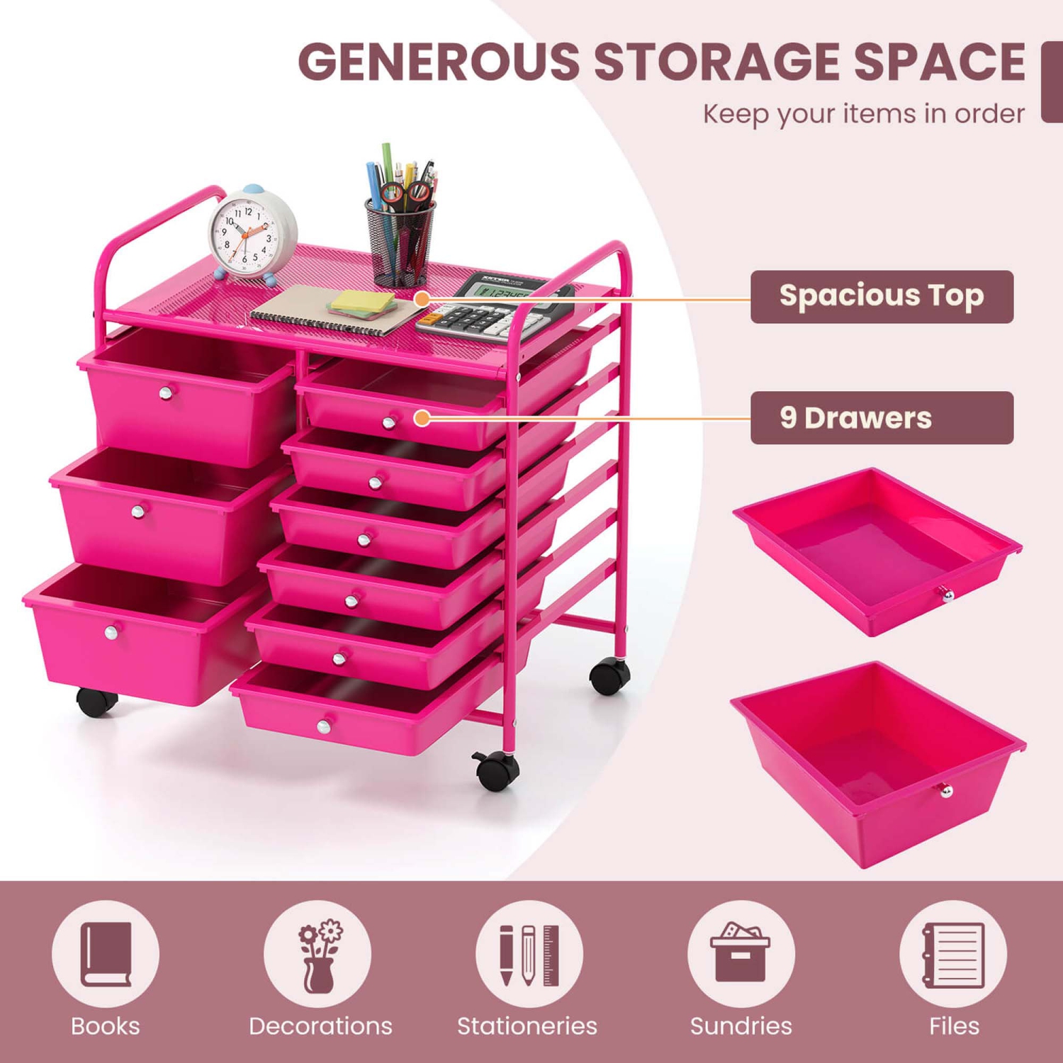 Costway 9 Drawer Rolling Organizer Cart Utility Storage Tools Scrapbook Paper Multi-Use Macaron/White/Hot Pink/Light Pink/Clear/Black