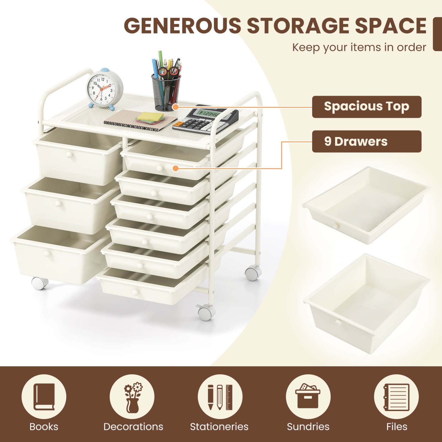 Costway 9 Drawer Rolling Organizer Cart Utility Storage Tools Scrapbook Paper Multi-Use Macaron/White/Hot Pink/Light Pink/Clear/Black