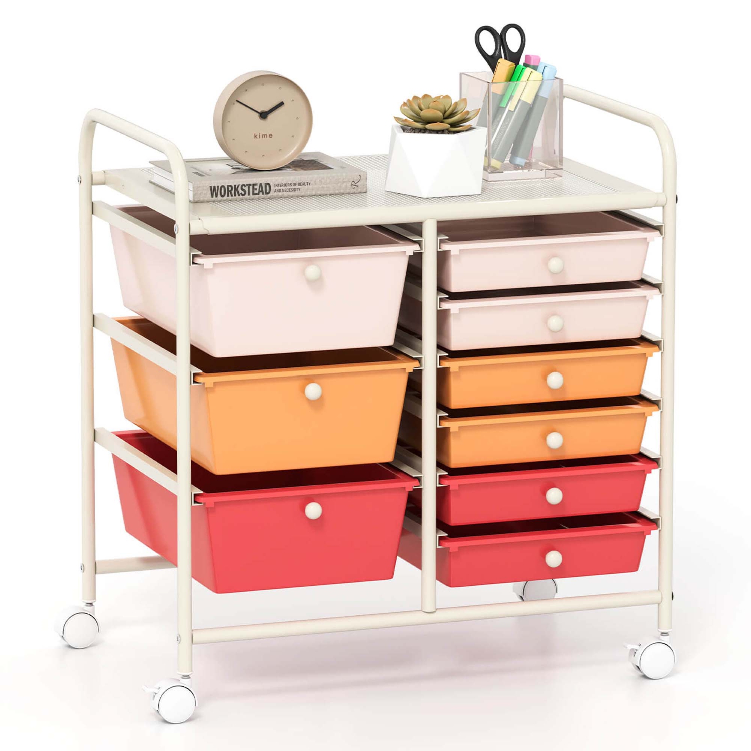Costway 9 Drawer Rolling Organizer Cart Utility Storage Tools Scrapbook Paper Multi-Use Macaron/White/Hot Pink/Light Pink/Clear/Black