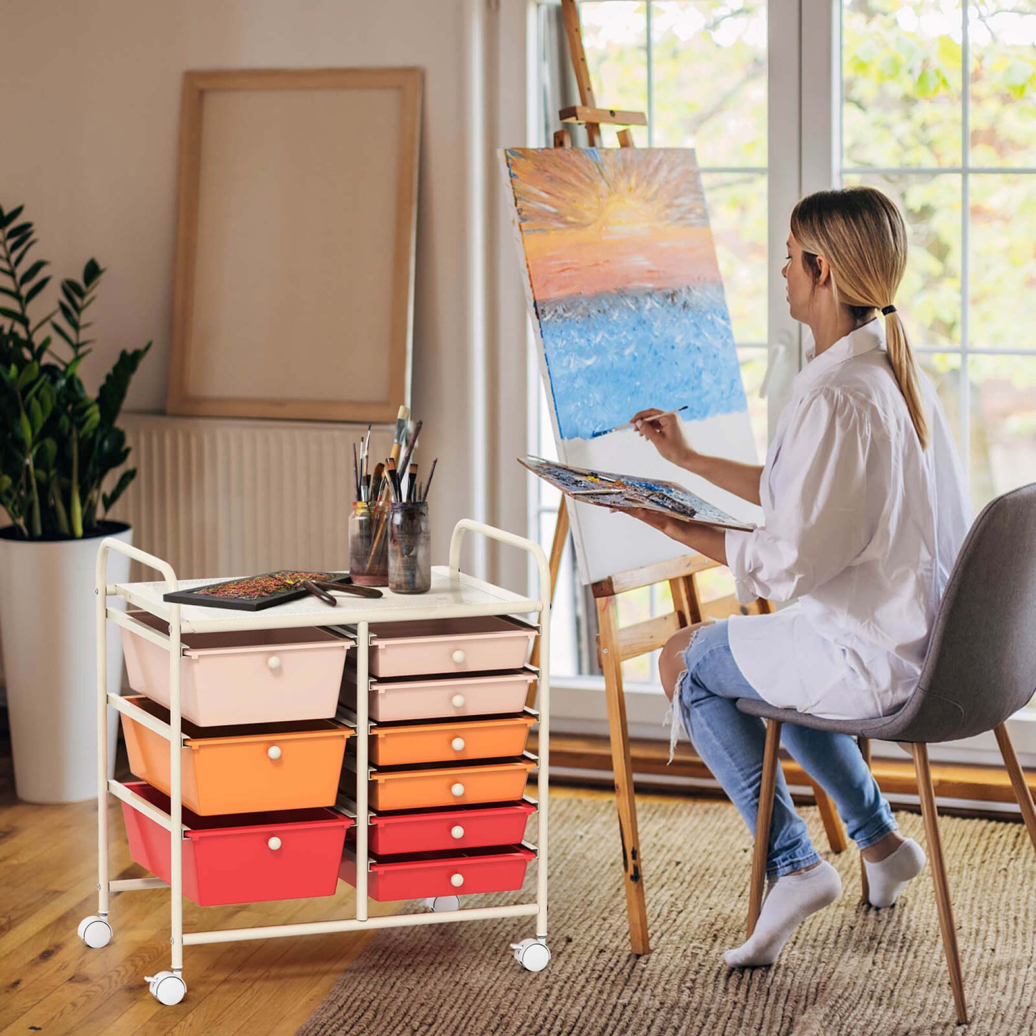 Costway 9 Drawer Rolling Organizer Cart Utility Storage Tools Scrapbook Paper Multi-Use Macaron/White/Hot Pink/Light Pink/Clear/Black