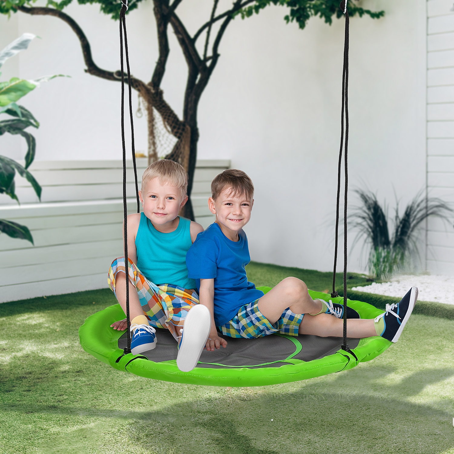 Outsunny 43.25" Saucer Swing Giant Hanging Tree Swing, Nest Web Rope Seat, Adjustable Hanging Ropes for Indoor Outdoor Children 3-12 Years Old, Green