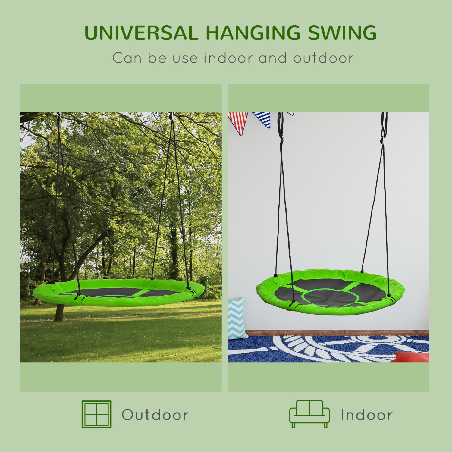 Outsunny 43.25" Saucer Swing Giant Hanging Tree Swing, Nest Web Rope Seat, Adjustable Hanging Ropes for Indoor Outdoor Children 3-12 Years Old, Green