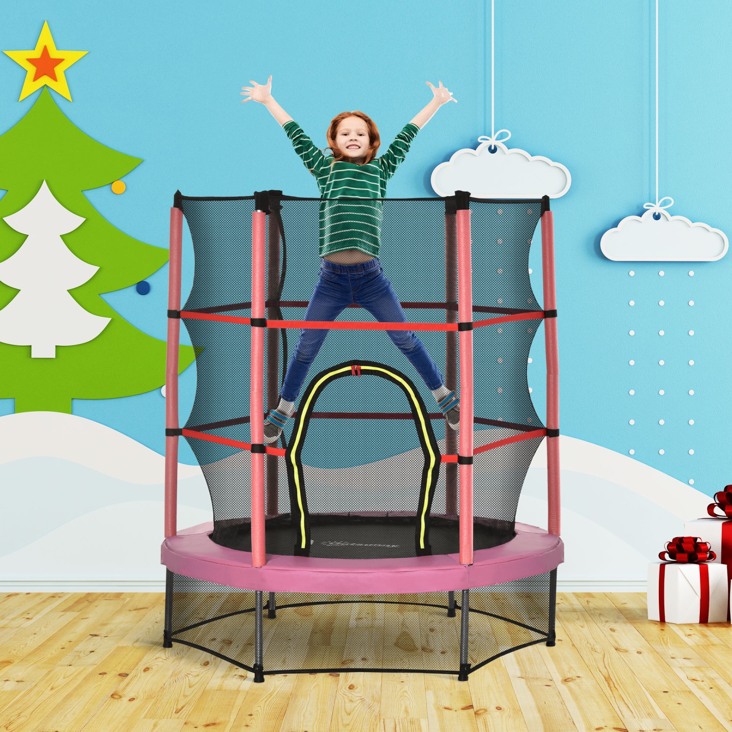 Outsunny – Trampoline d'intérieur avec filet en acier, 55&nbsp;po, rebondisseur rond pour enfants, 3 à 6 ans, rose