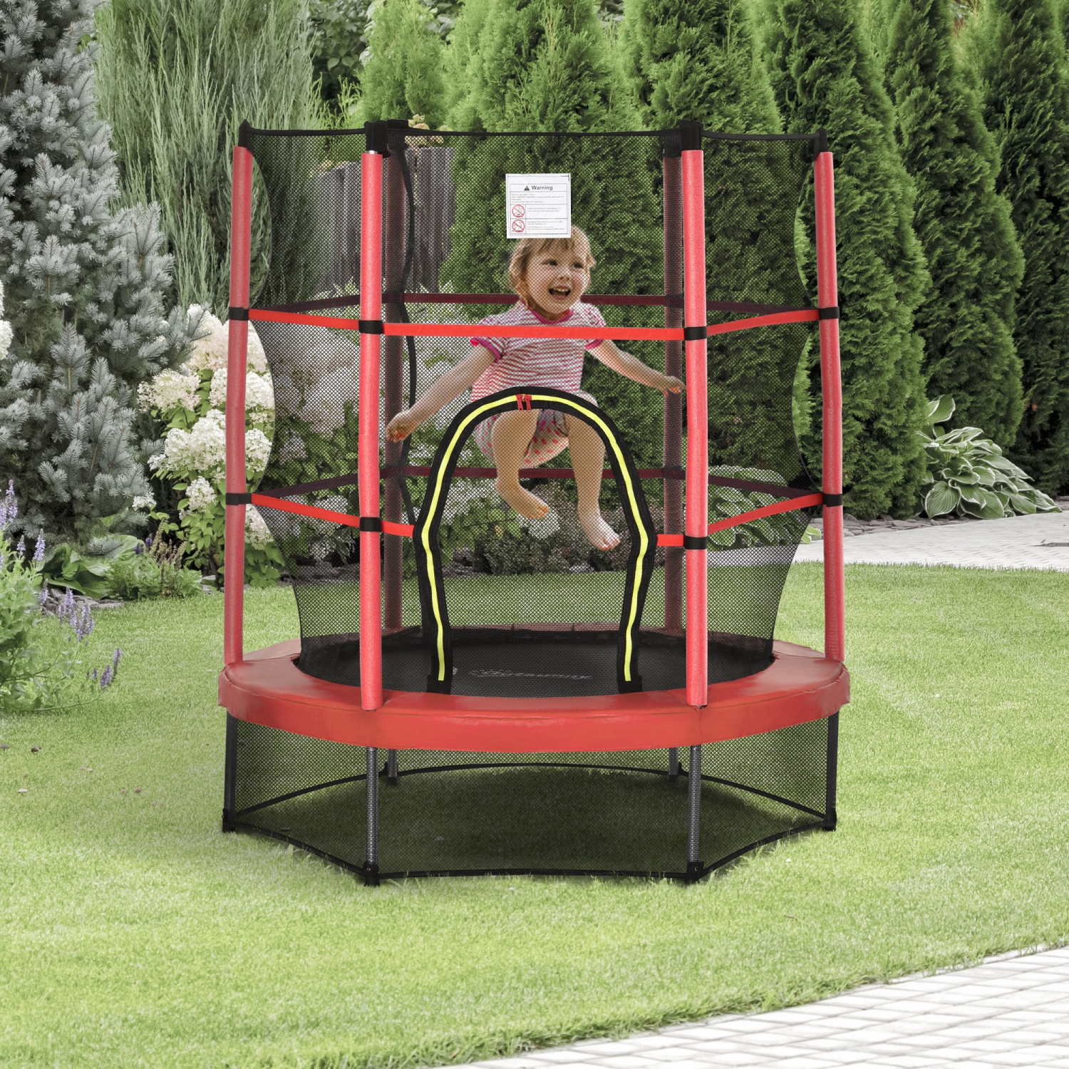 Outsunny 55" Kids Trampoline with Enclosure Net Steel Frame Indoor Round Bouncer Rebounder Age 3 to 6 Years Old, Red