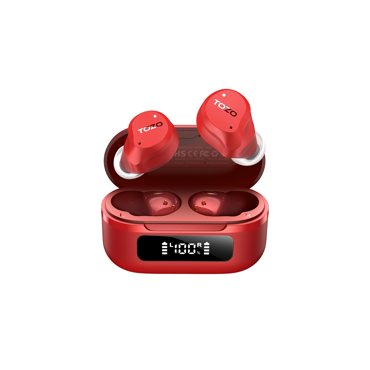 TOZO New Upgrade NC9 True Wireless Earbuds In-ear LED Digital Power Display with 6 Mics ANC Noise Cancel IPX8 Waterproof Stereo Bass Heasets-Red