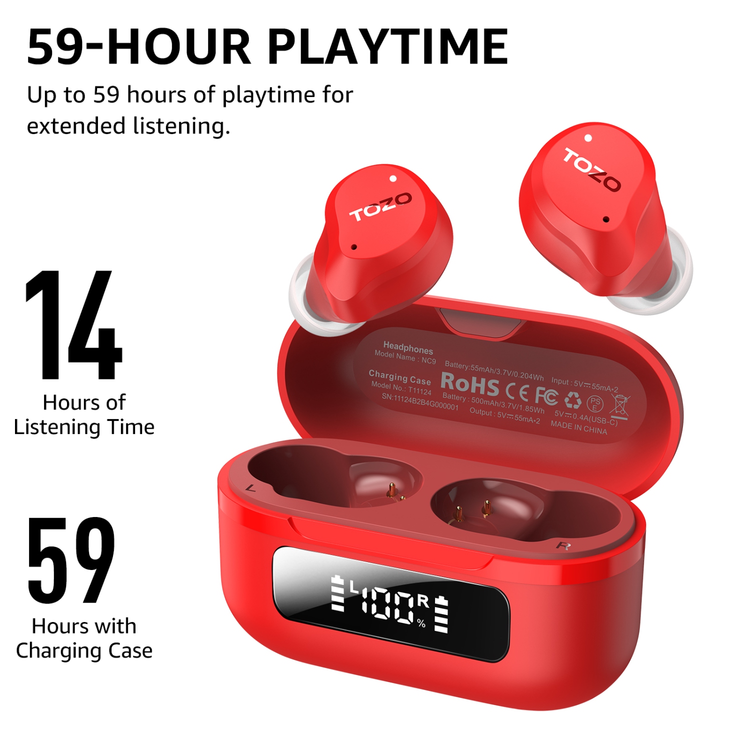 TOZO New Upgrade NC9 True Wireless Earbuds In-ear LED Digital Power Display with 6 Mics ANC Noise Cancel IPX8 Waterproof Stereo Bass Heasets-Red
