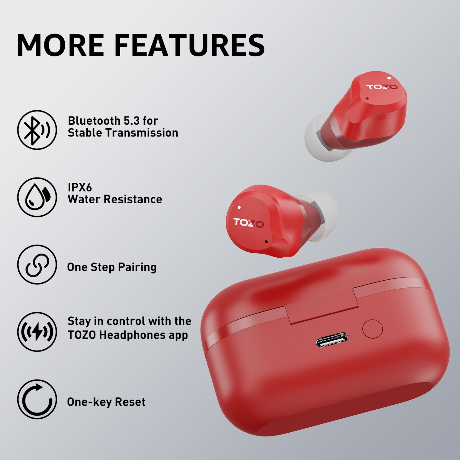 TOZO New Upgrade NC9 True Wireless Earbuds In-ear LED Digital Power Display with 6 Mics ANC Noise Cancel IPX8 Waterproof Stereo Bass Heasets-Red