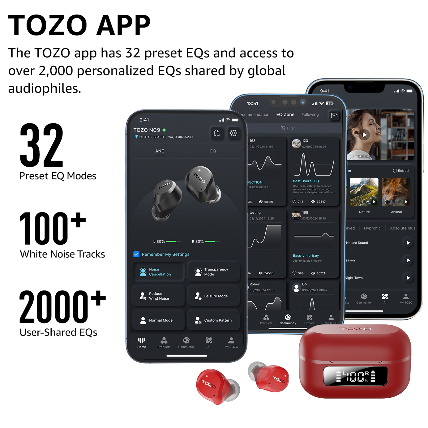 TOZO New Upgrade NC9 True Wireless Earbuds In-ear LED Digital Power Display with 6 Mics ANC Noise Cancel IPX8 Waterproof Stereo Bass Heasets-Red