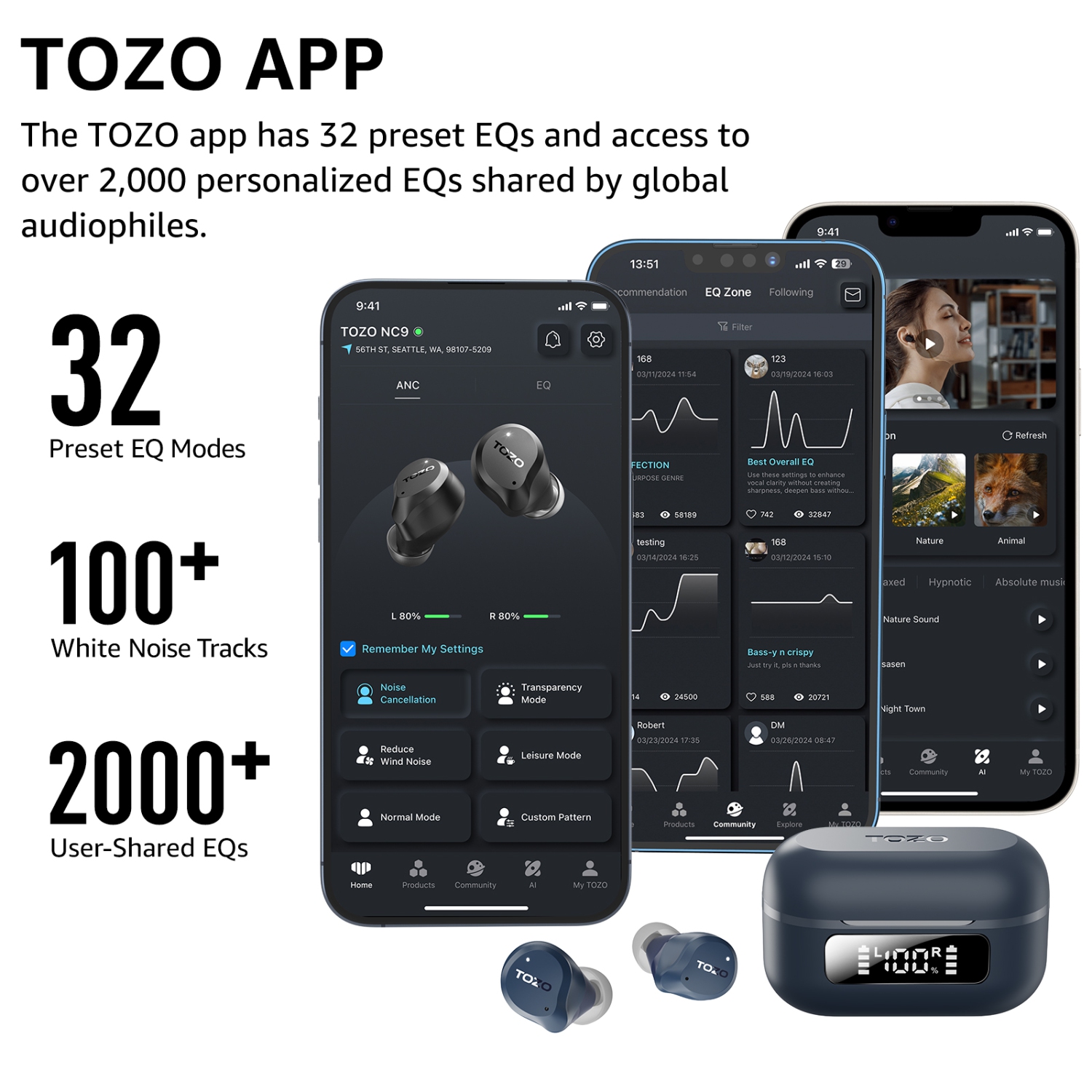 TOZO New Upgrade NC9 True Wireless Earbuds In-ear LED Digital Power Display with 6 Mics ANC Noise Cancel IPX8 Waterproof Stereo Bass Heasets-Navy Blue