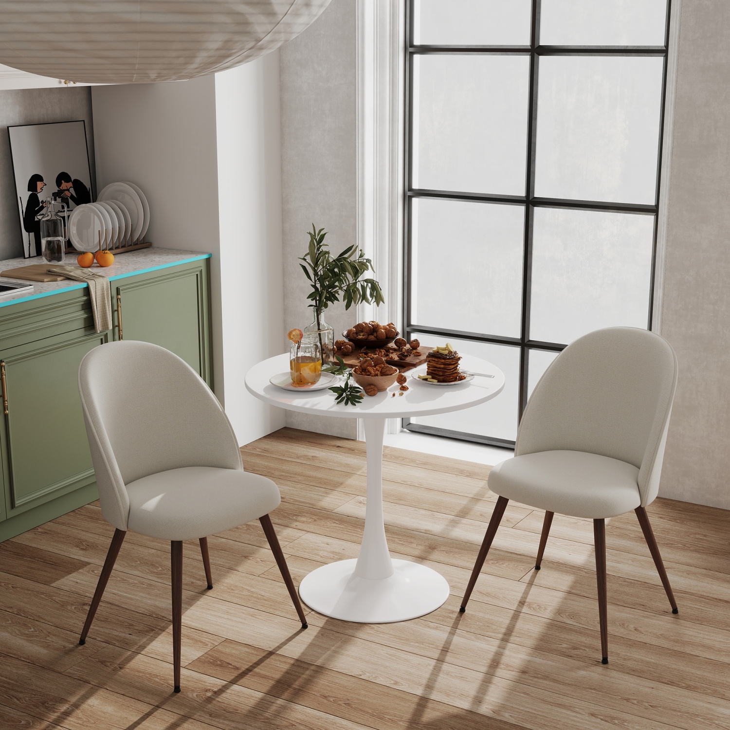 Homy Casa Modern Upholstered Set of 2 Dining Chair for Kitchen, Beige Fabric