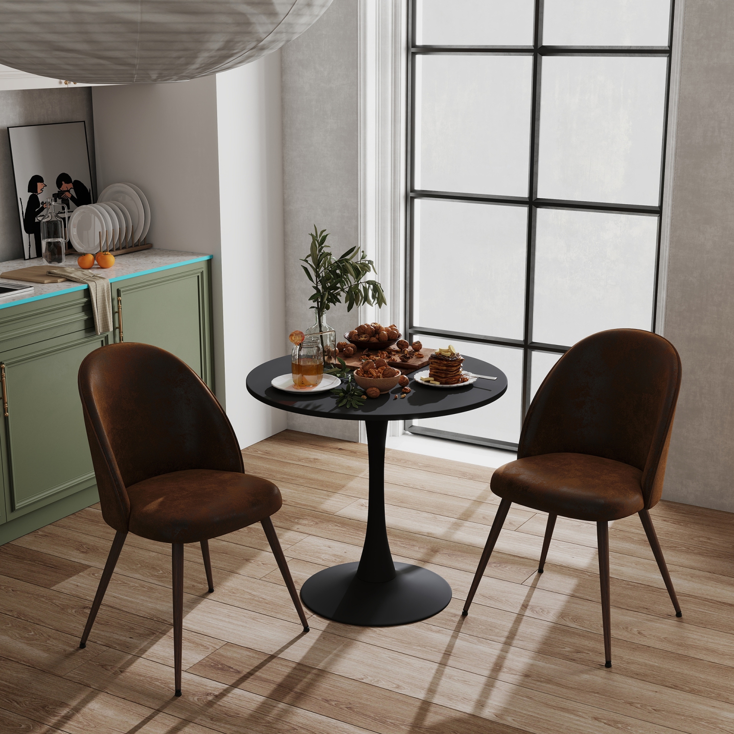 Homy Casa Modern Upholstered Set of 2 Dining Chair for Kitchen, Brown Faux Suede