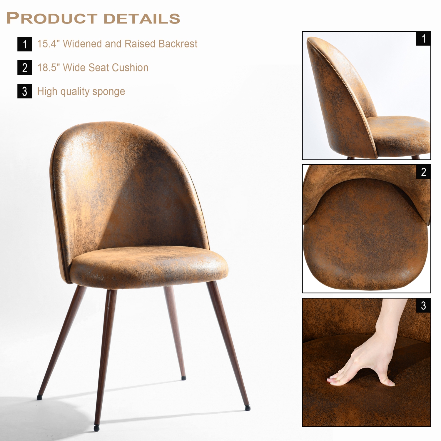 Homy Casa Modern Upholstered Set of 2 Dining Chair for Kitchen, Brown Faux Suede