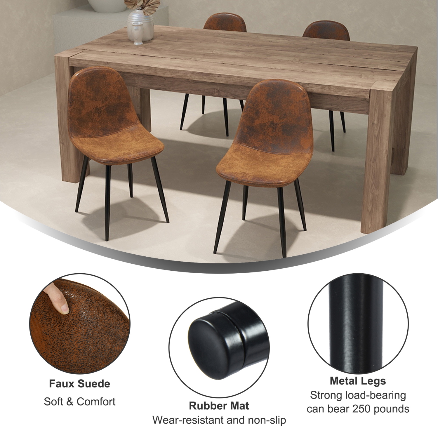 Homy Casa Set of 4 Modern Dining Chairs with Metal Legs and Upholstery Seats for Kitchen Café, Brown Suede