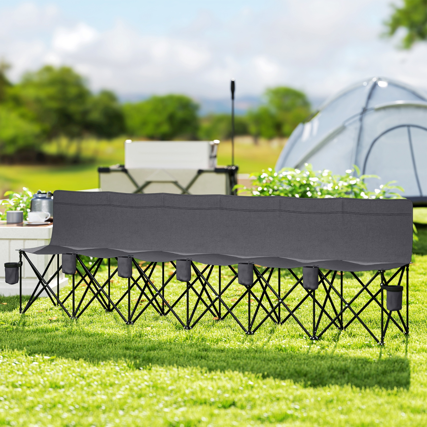 Outsunny 6 Seat Folding Camping Chair Portable Chaise Camping with Cup Holder and Carrying Case for Camping, Picnic, Sports Events, Dark Grey