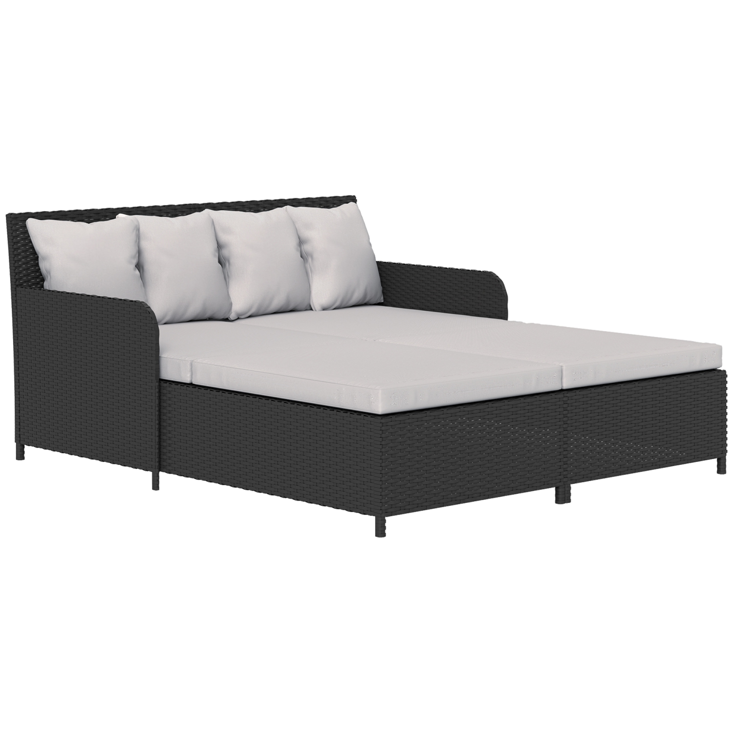 Outsunny Rattan Outdoor Daybed, 2-Person Sunbed Patio Sofa with Soft Cushions, 4 Pillows, Curved Backrest & Armrest, Double Sun Lounger for Poolside,