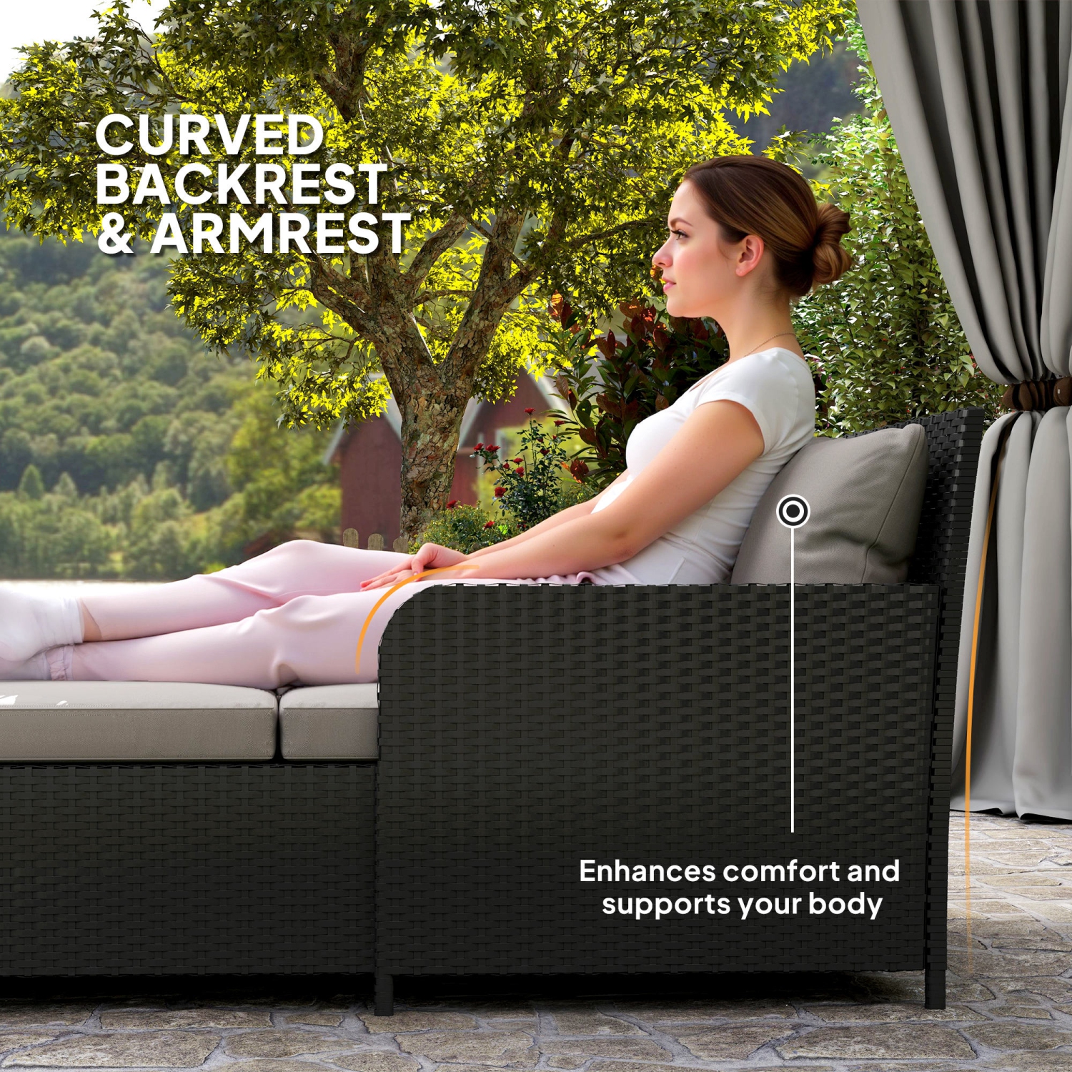 Outsunny Rattan Outdoor Daybed, 2-Person Sunbed Patio Sofa with Soft Cushions, 4 Pillows, Curved Backrest & Armrest, Double Sun Lounger for Poolside,