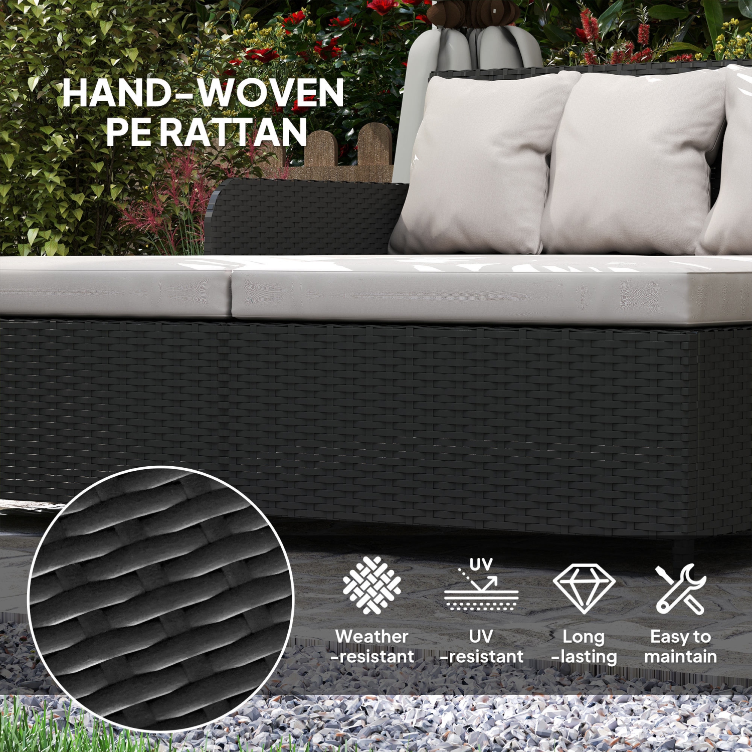 Outsunny Rattan Outdoor Daybed, 2-Person Sunbed Patio Sofa with Soft Cushions, 4 Pillows, Curved Backrest & Armrest, Double Sun Lounger for Poolside,