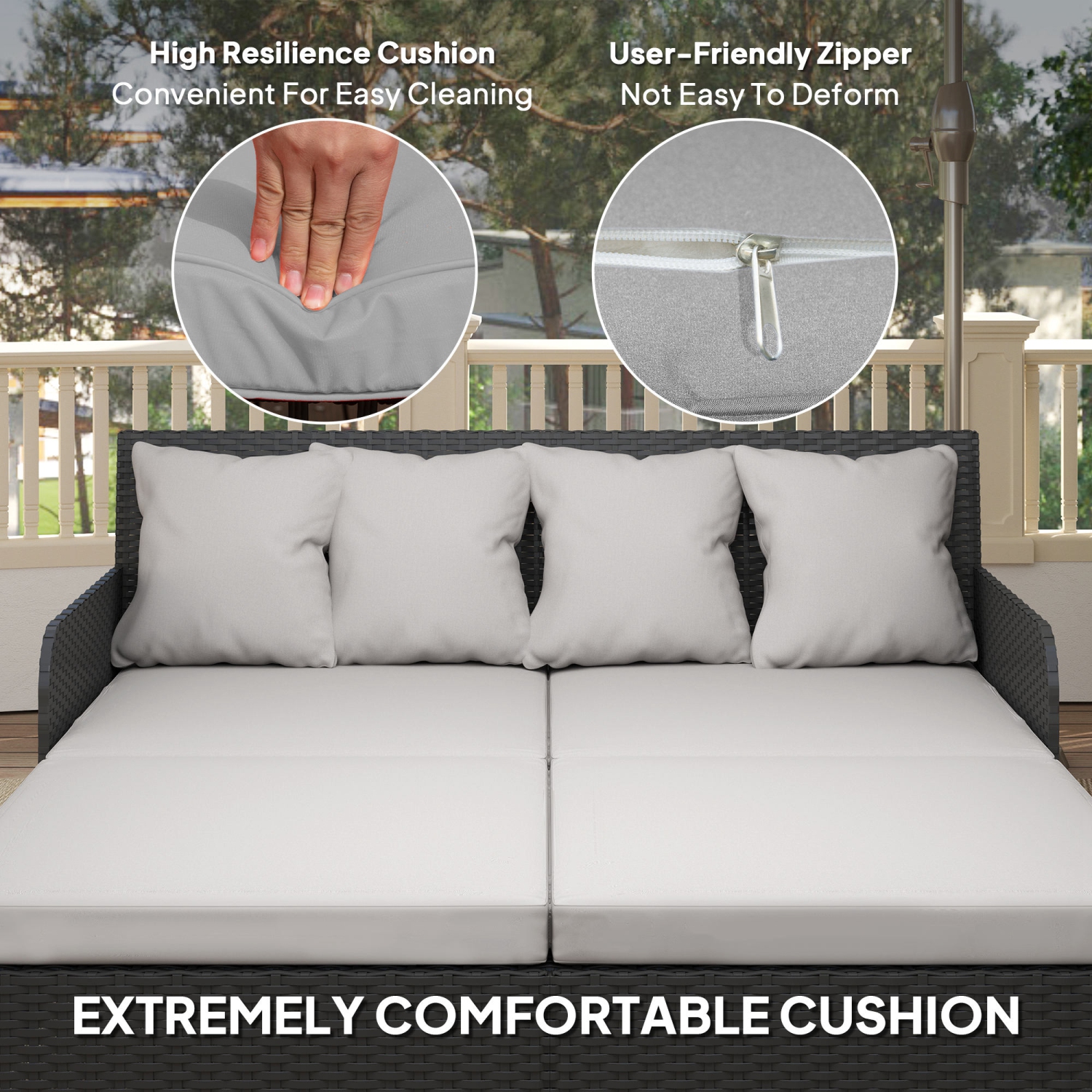 Outsunny Rattan Outdoor Daybed, 2-Person Sunbed Patio Sofa with Soft Cushions, 4 Pillows, Curved Backrest & Armrest, Double Sun Lounger for Poolside,