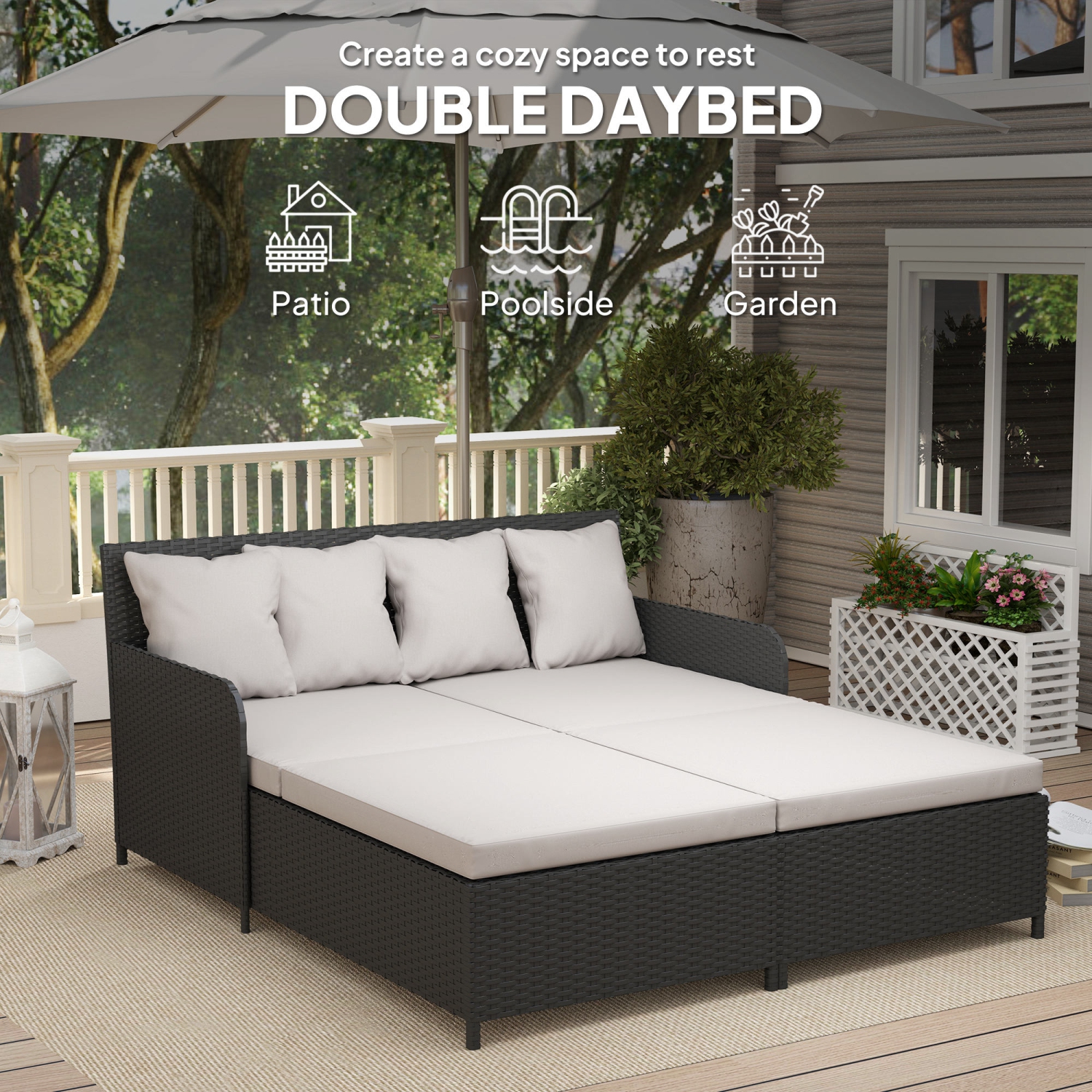 Outsunny Rattan Outdoor Daybed, 2-Person Sunbed Patio Sofa with Soft Cushions, 4 Pillows, Curved Backrest & Armrest, Double Sun Lounger for Poolside,