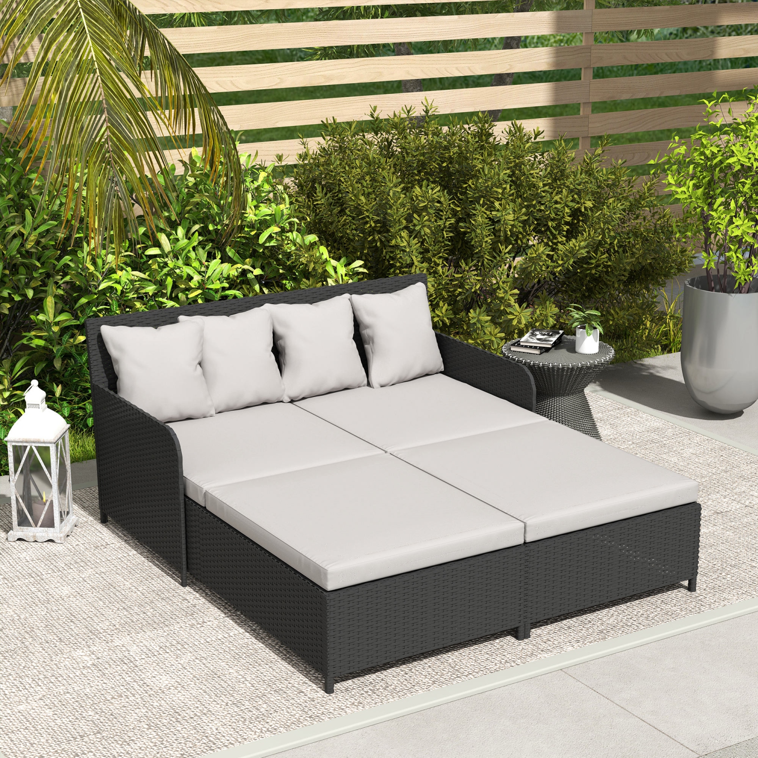 Outsunny Rattan Outdoor Daybed, 2-Person Sunbed Patio Sofa with Soft Cushions, 4 Pillows, Curved Backrest & Armrest, Double Sun Lounger for Poolside,